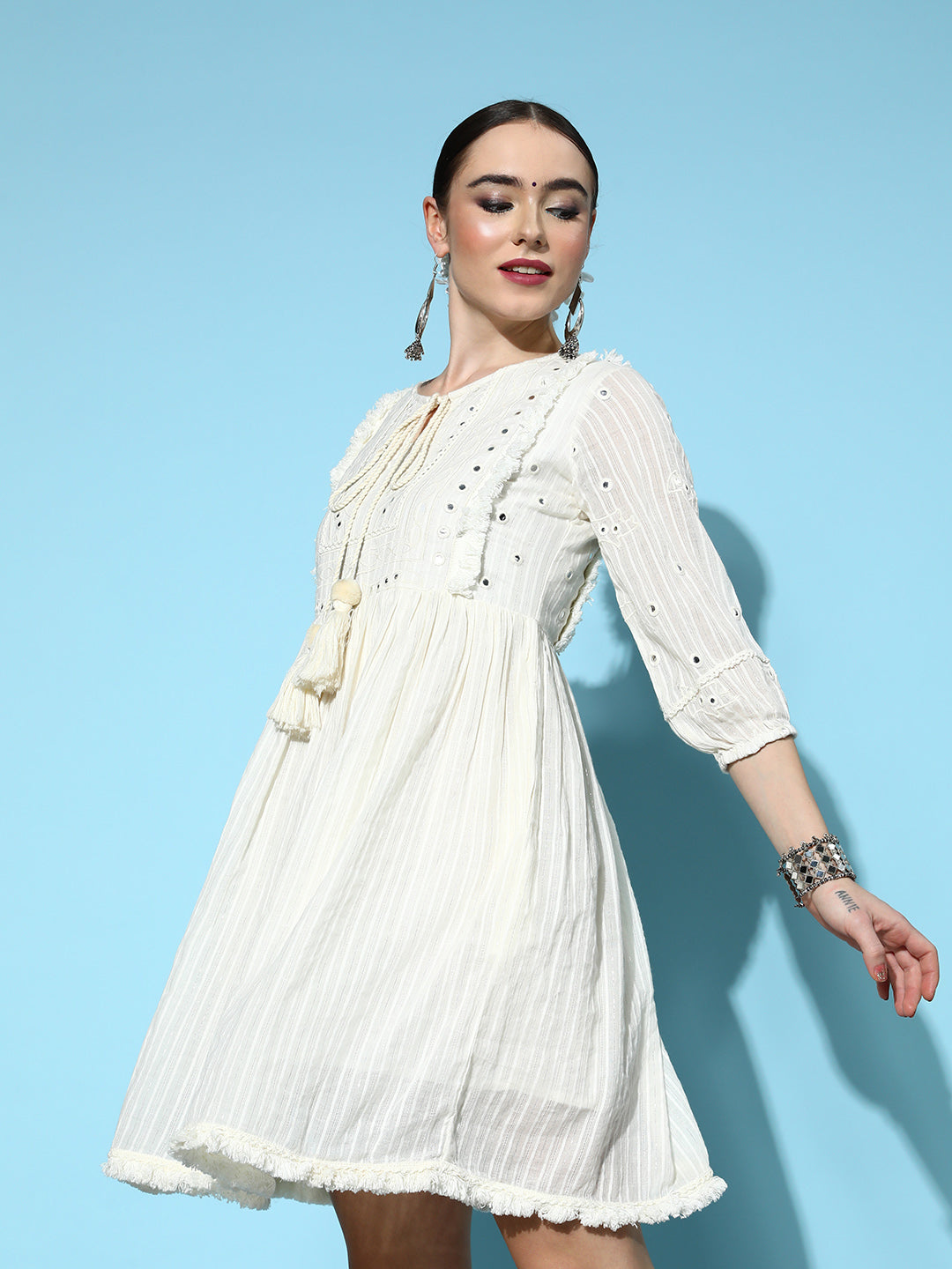Ishin Women's Cotton Cream  Embroiderd A-Line Dress