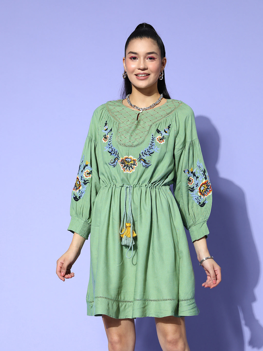Ishin Women's Cotton Green Embroidered A-Line Dress