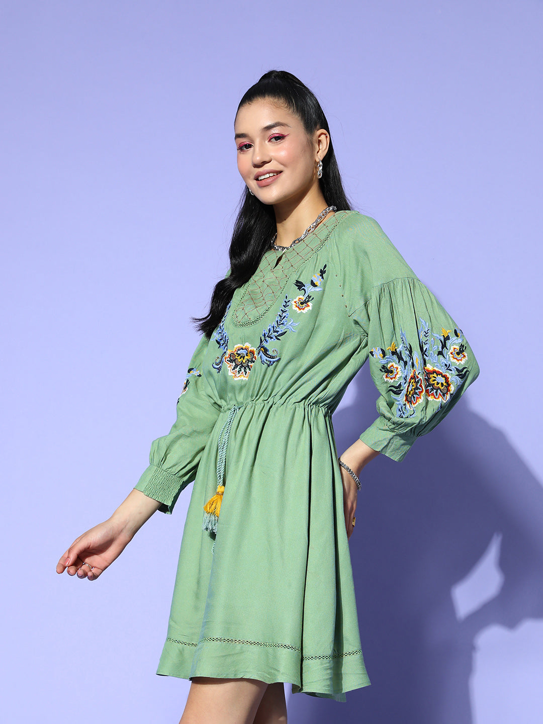 Ishin Women's Cotton Green Embroidered A-Line Dress