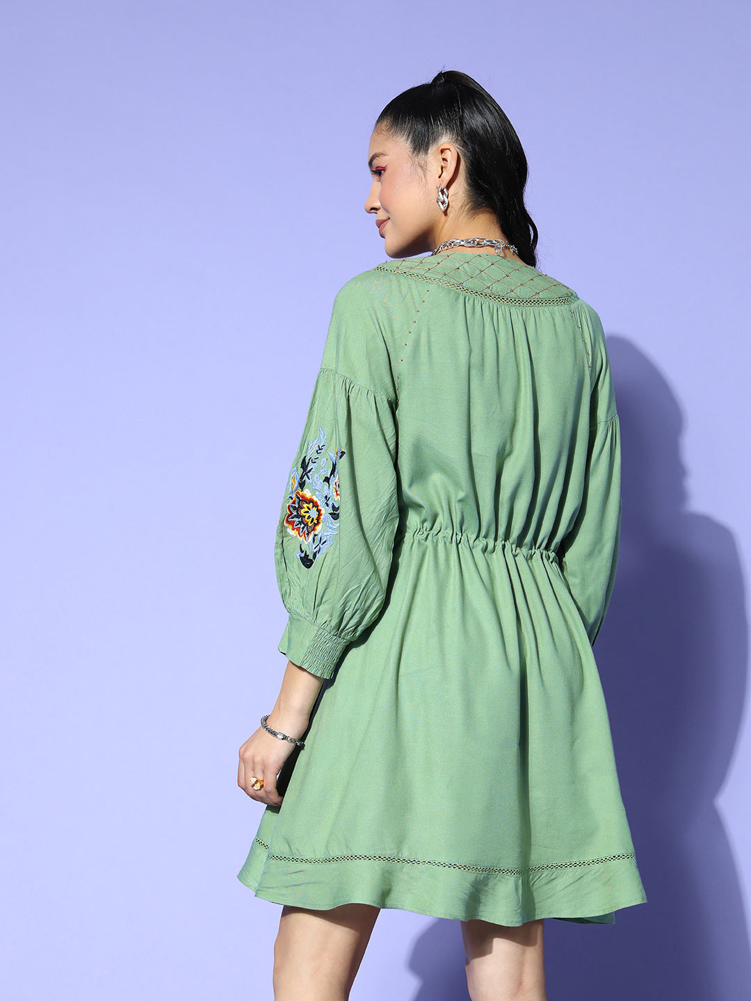 Ishin Women's Cotton Green Embroidered A-Line Dress