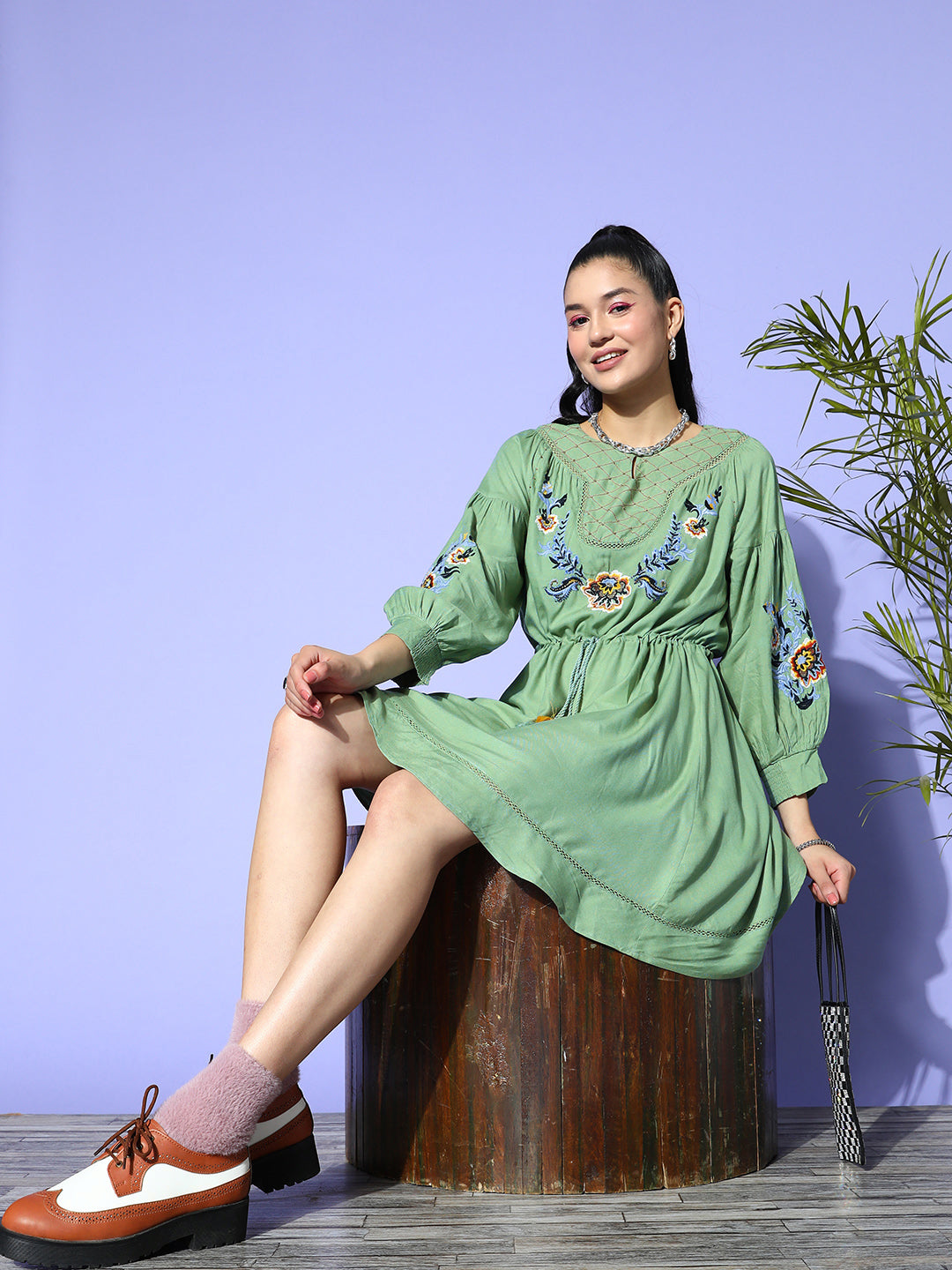Ishin Women's Cotton Green Embroidered A-Line Dress