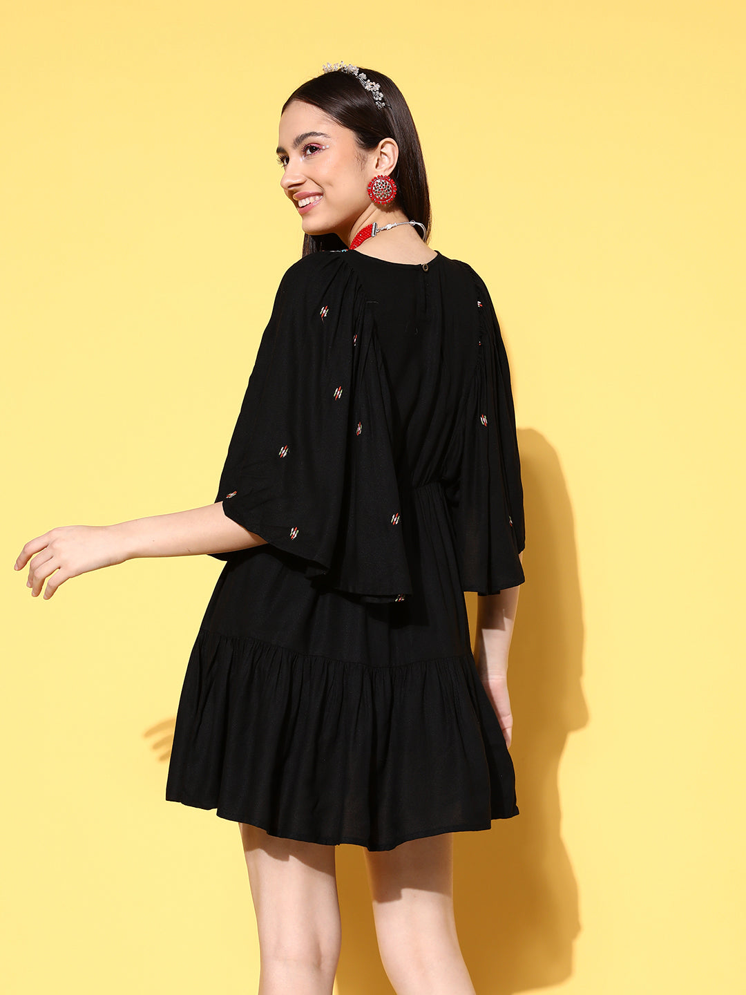 Ishin Women's Viscose Rayon Black Embroidered Peplum Dress