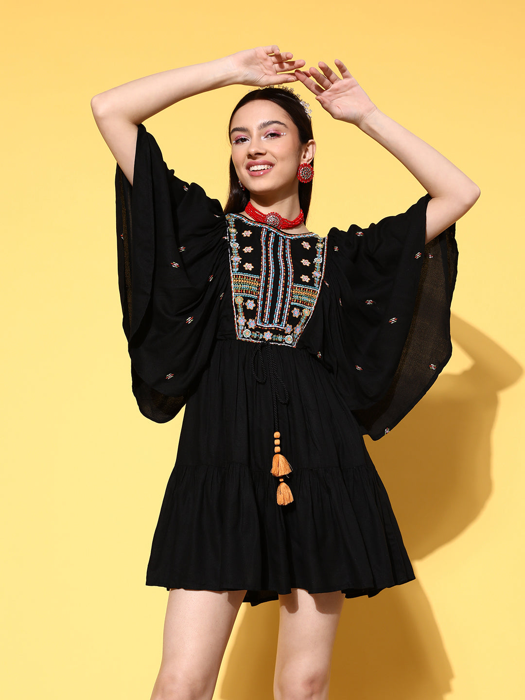 Ishin Women's Viscose Rayon Black Embroidered Peplum Dress
