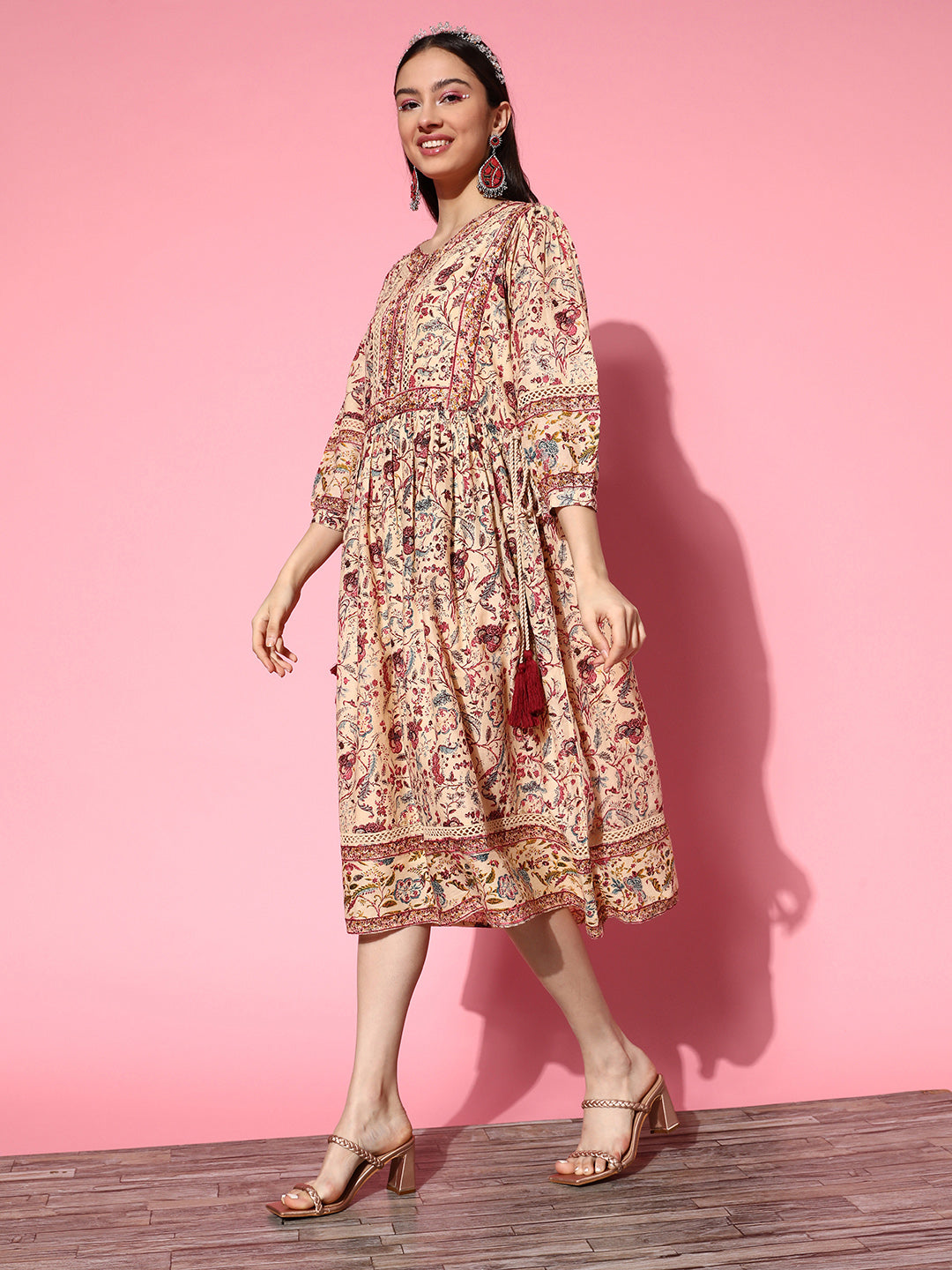 Ishin Women's Cotton Beige Printed A-Line Dress
