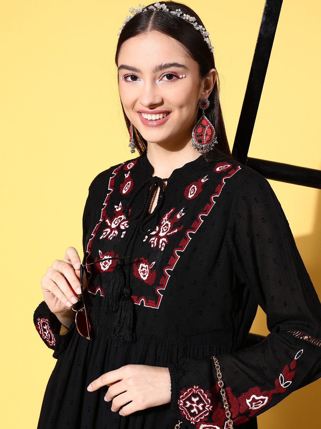 Ishin Women's Cotton Black Embroidered A-Line Dress