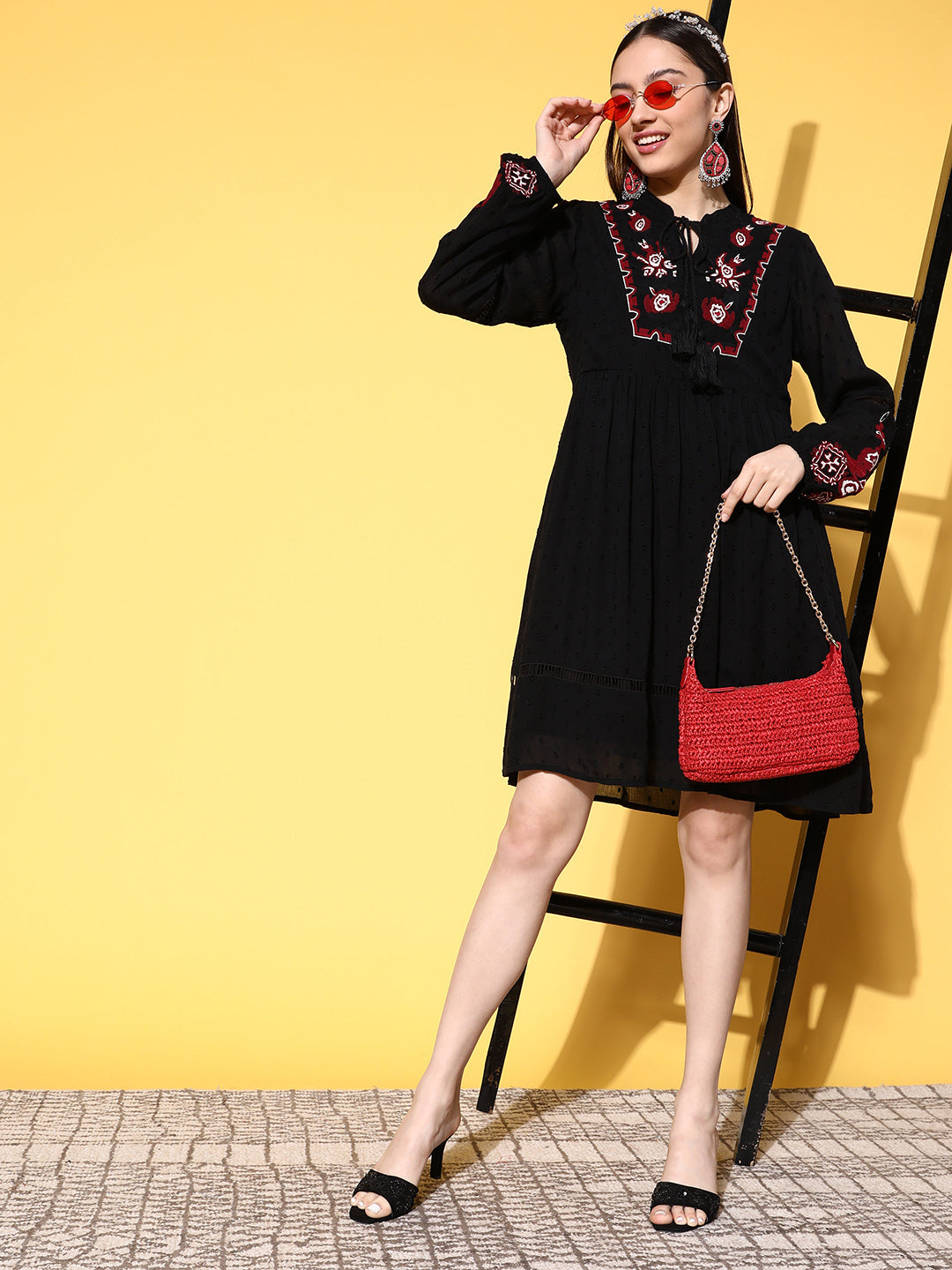 Ishin Women's Cotton Black Embroidered A-Line Dress