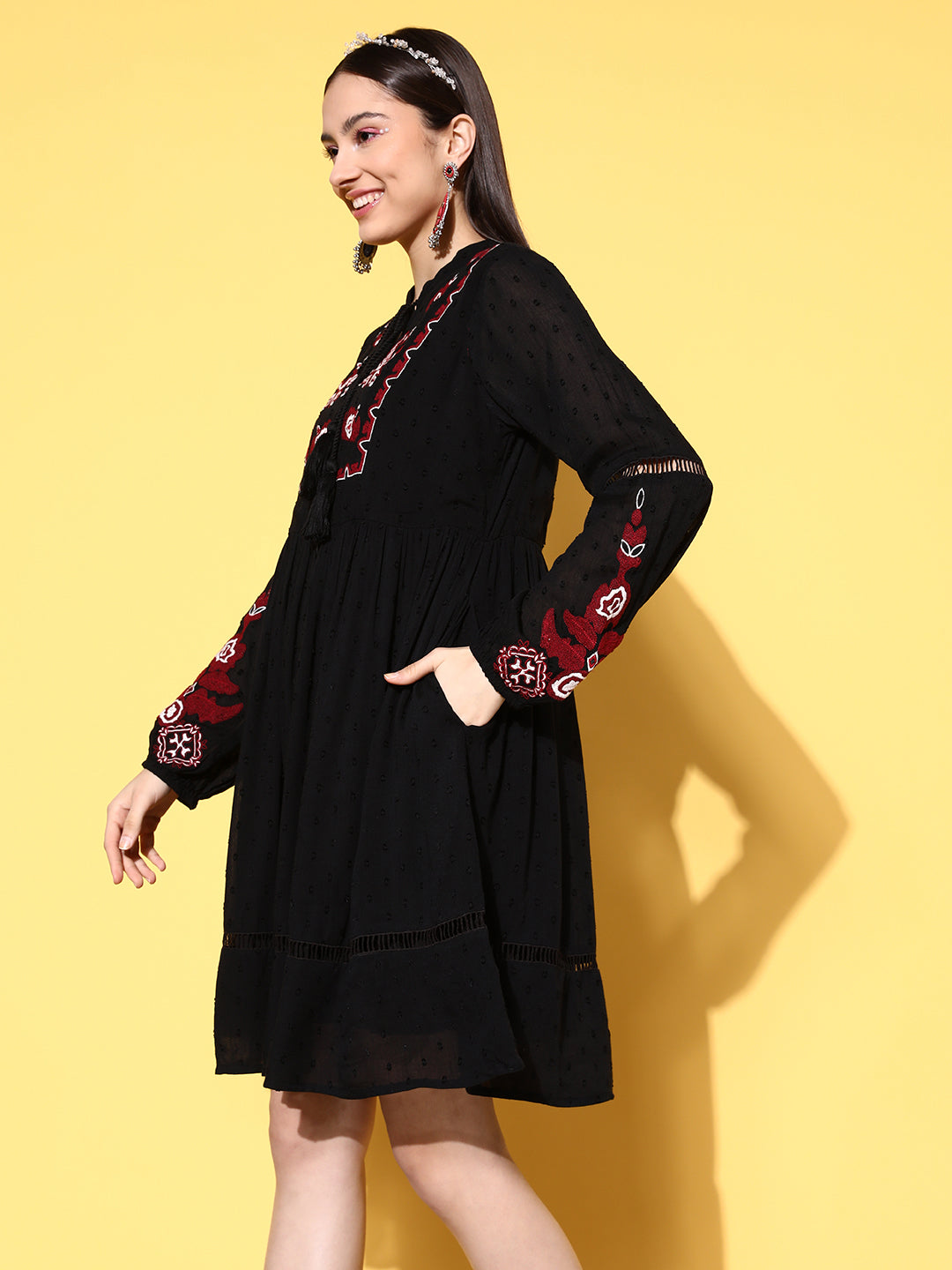 Ishin Women's Cotton Black Embroidered A-Line Dress