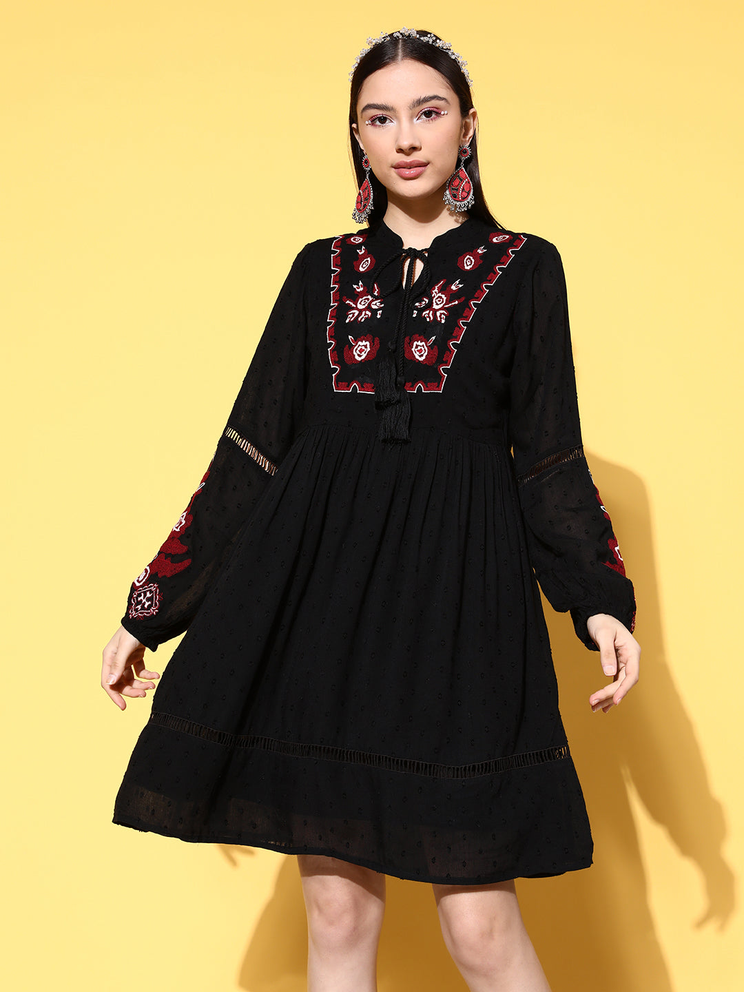 Ishin Women's Cotton Black Embroidered A-Line Dress