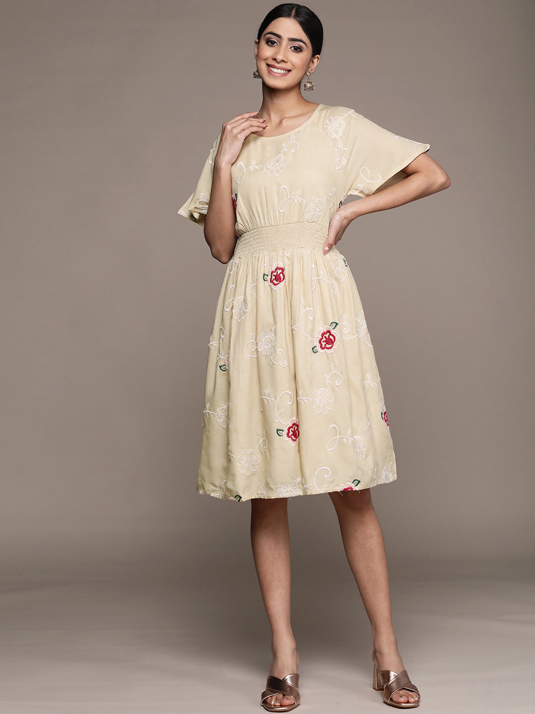 Ishin Women's Beige Embroidered Empire Dress