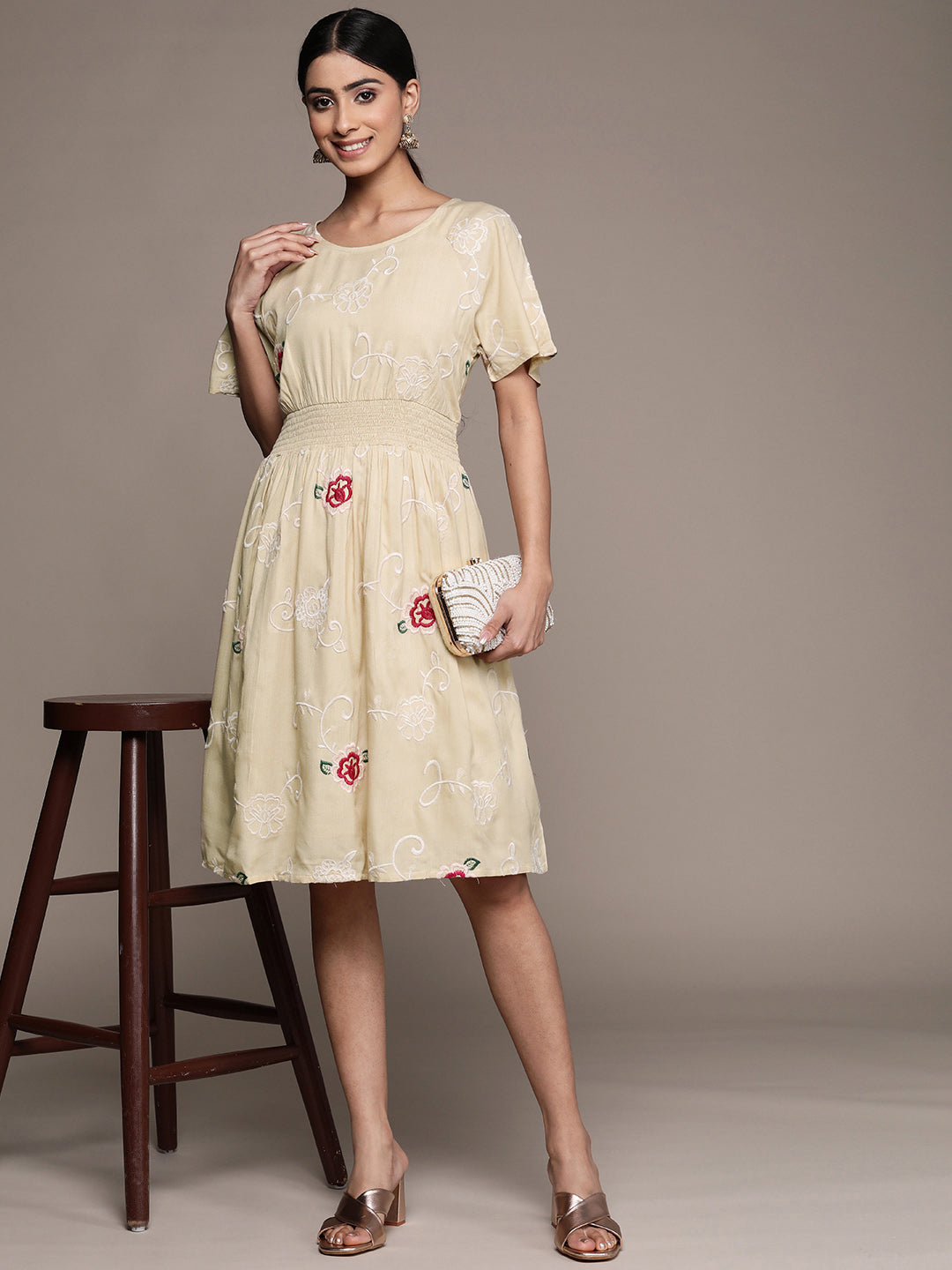 Ishin Women's Beige Embroidered Empire Dress