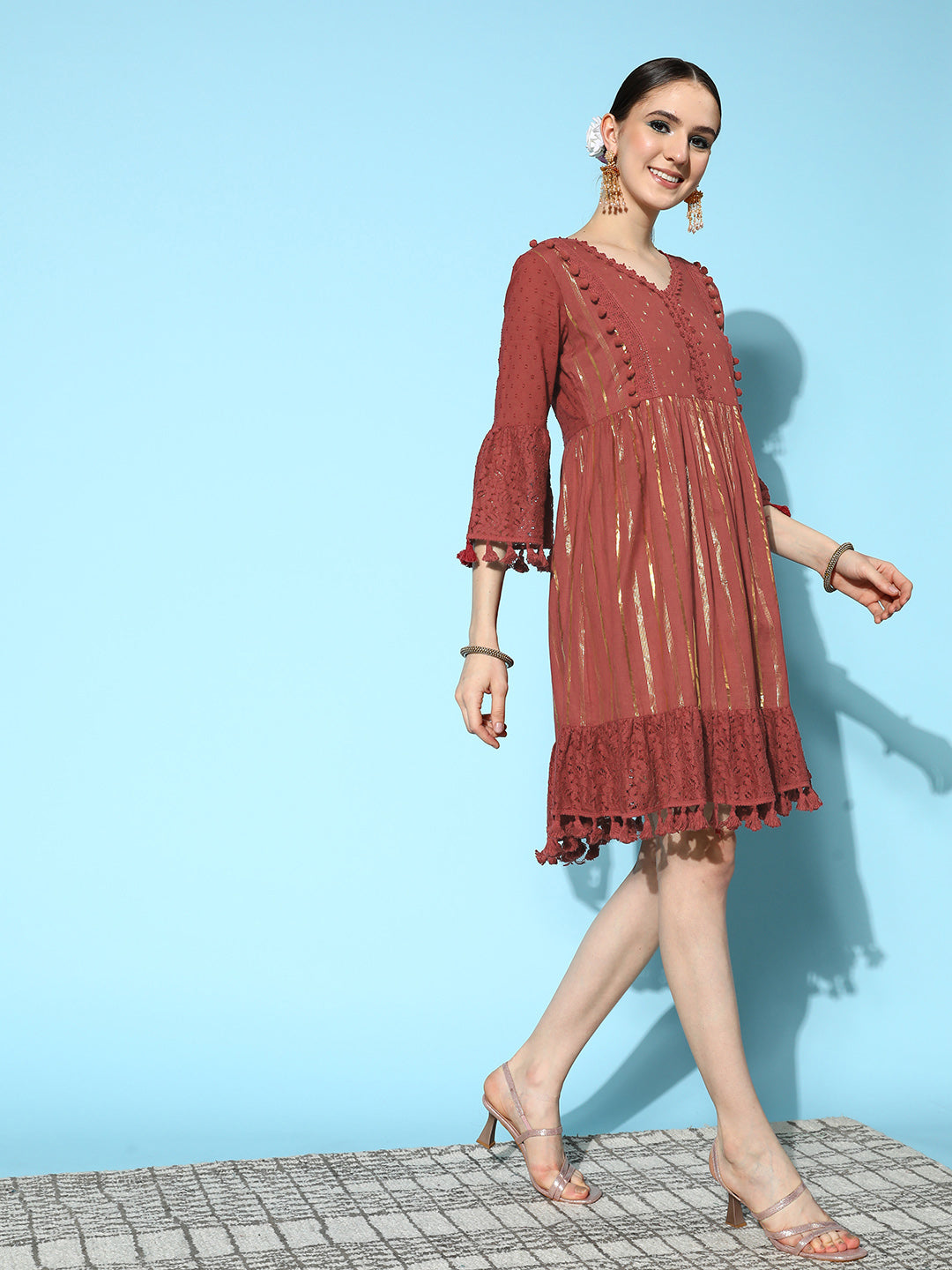 Ishin Women's Maroon Lurex Embellished A-Line Dress