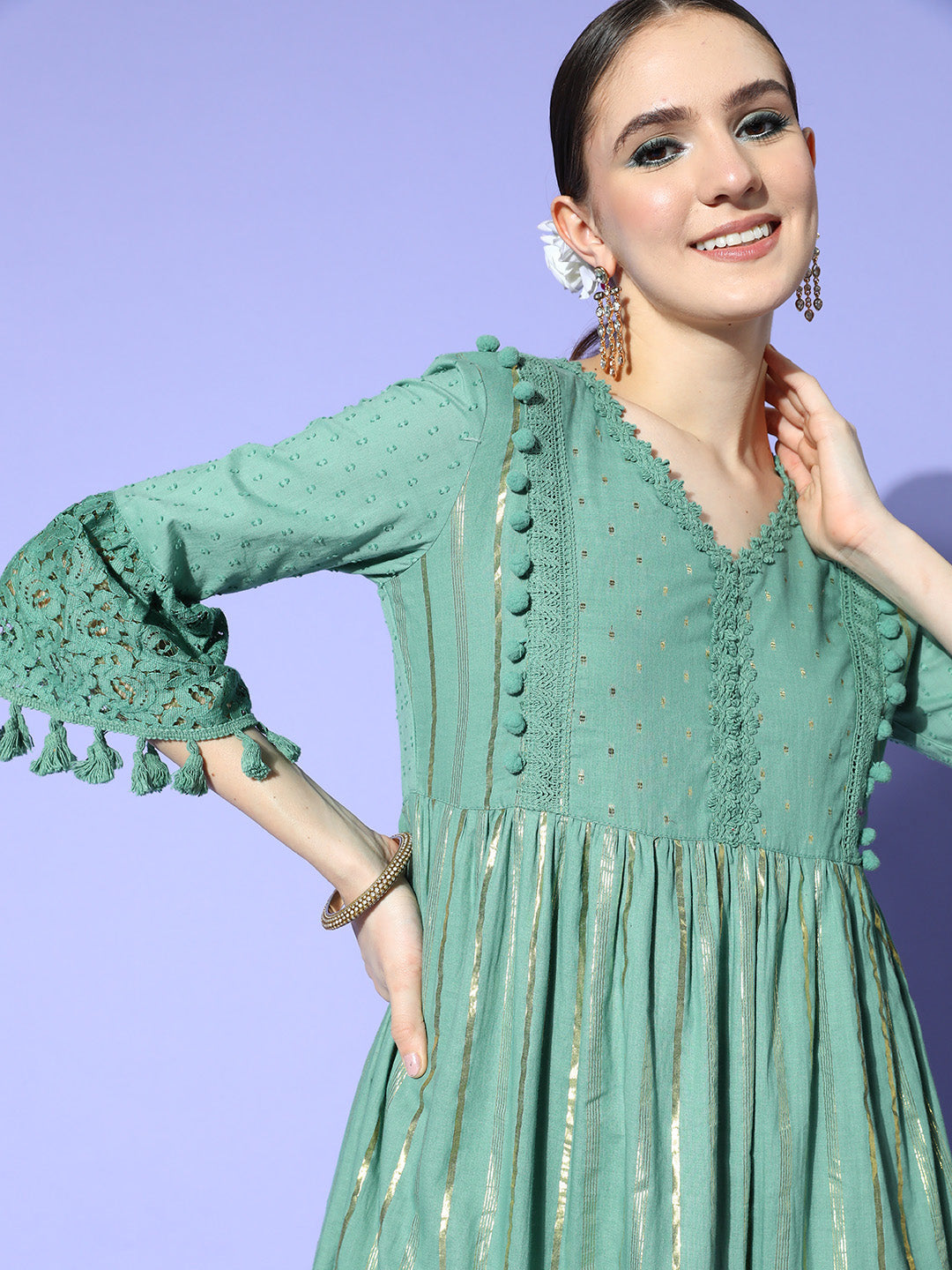Ishin Women's Green Lurex Embellished A-Line Dress
