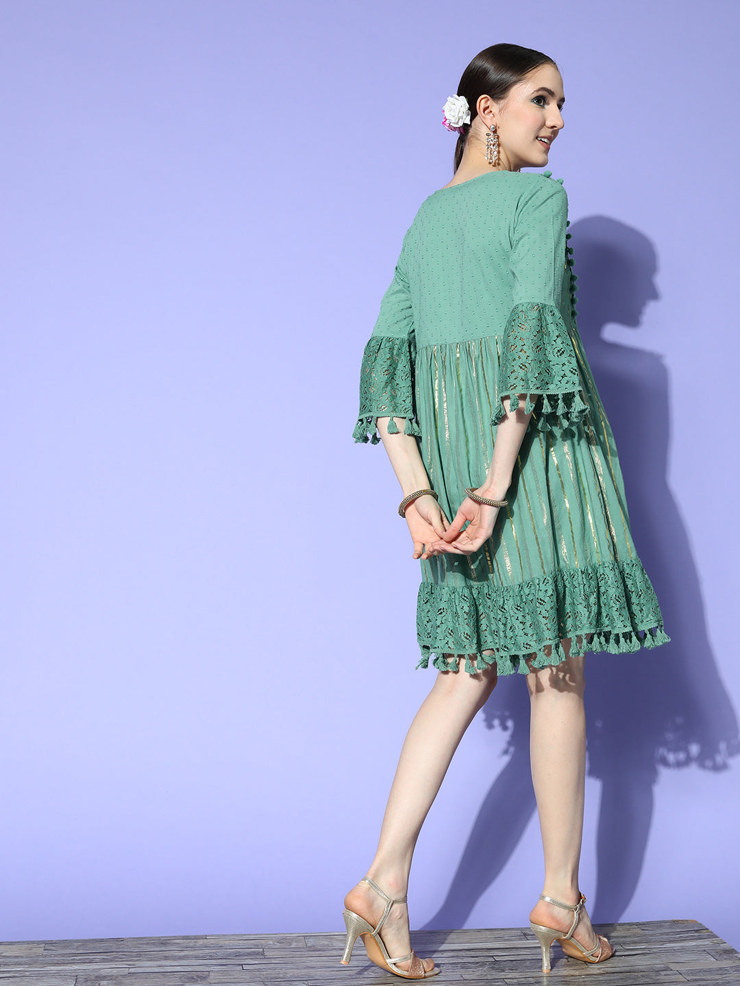 Ishin Women's Green Lurex Embellished A-Line Dress