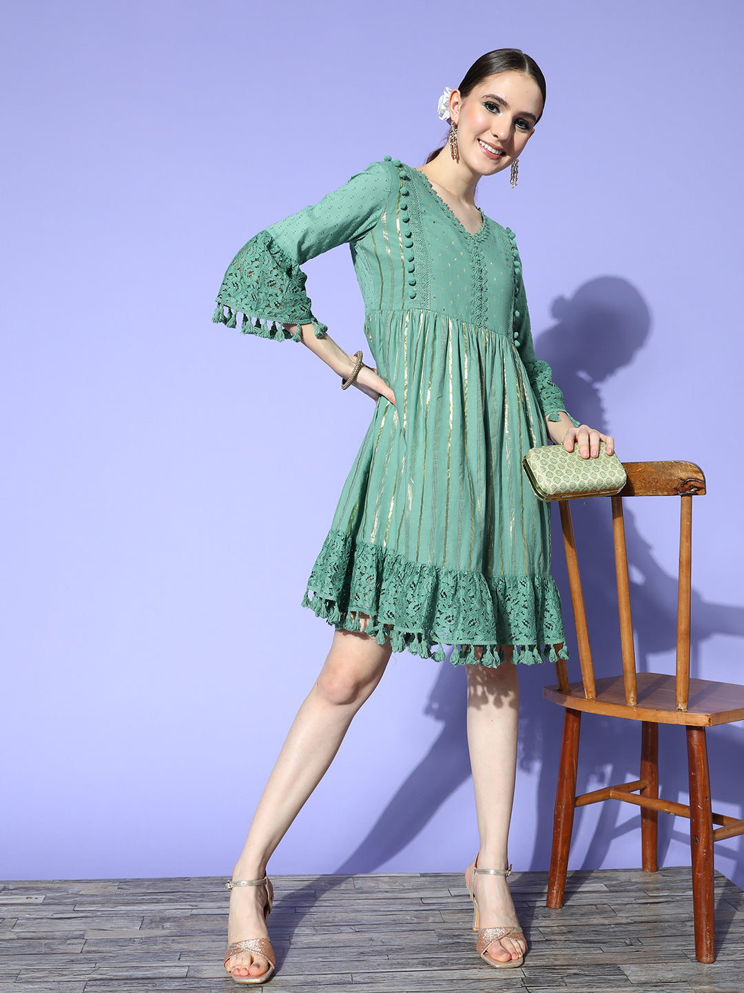 Ishin Women's Green Lurex Embellished A-Line Dress
