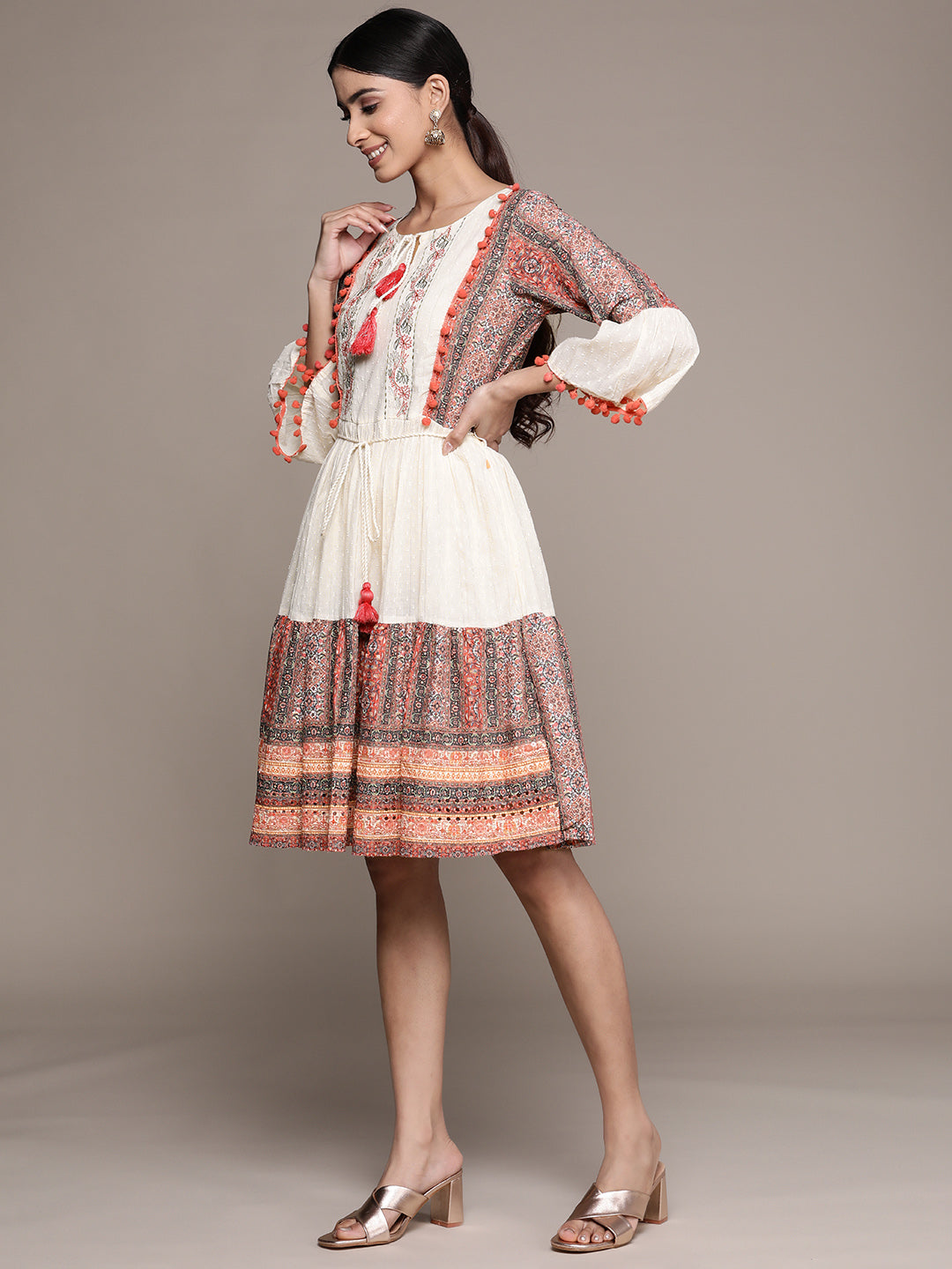 Ishin Women's Cotton Cream & Multicolored Embroidered A-Line Dress