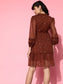 Ishin Women's Chiffon Brown Lurex Embellished A-Line Belted Dress