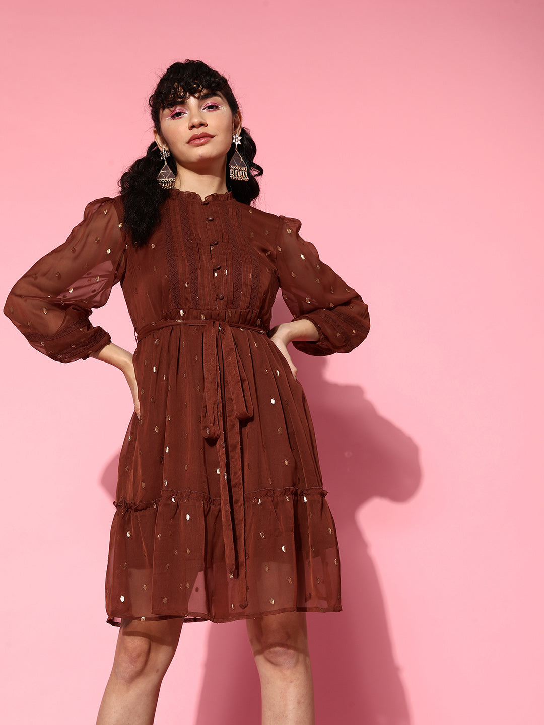Ishin Women's Chiffon Brown Lurex Embellished A-Line Belted Dress