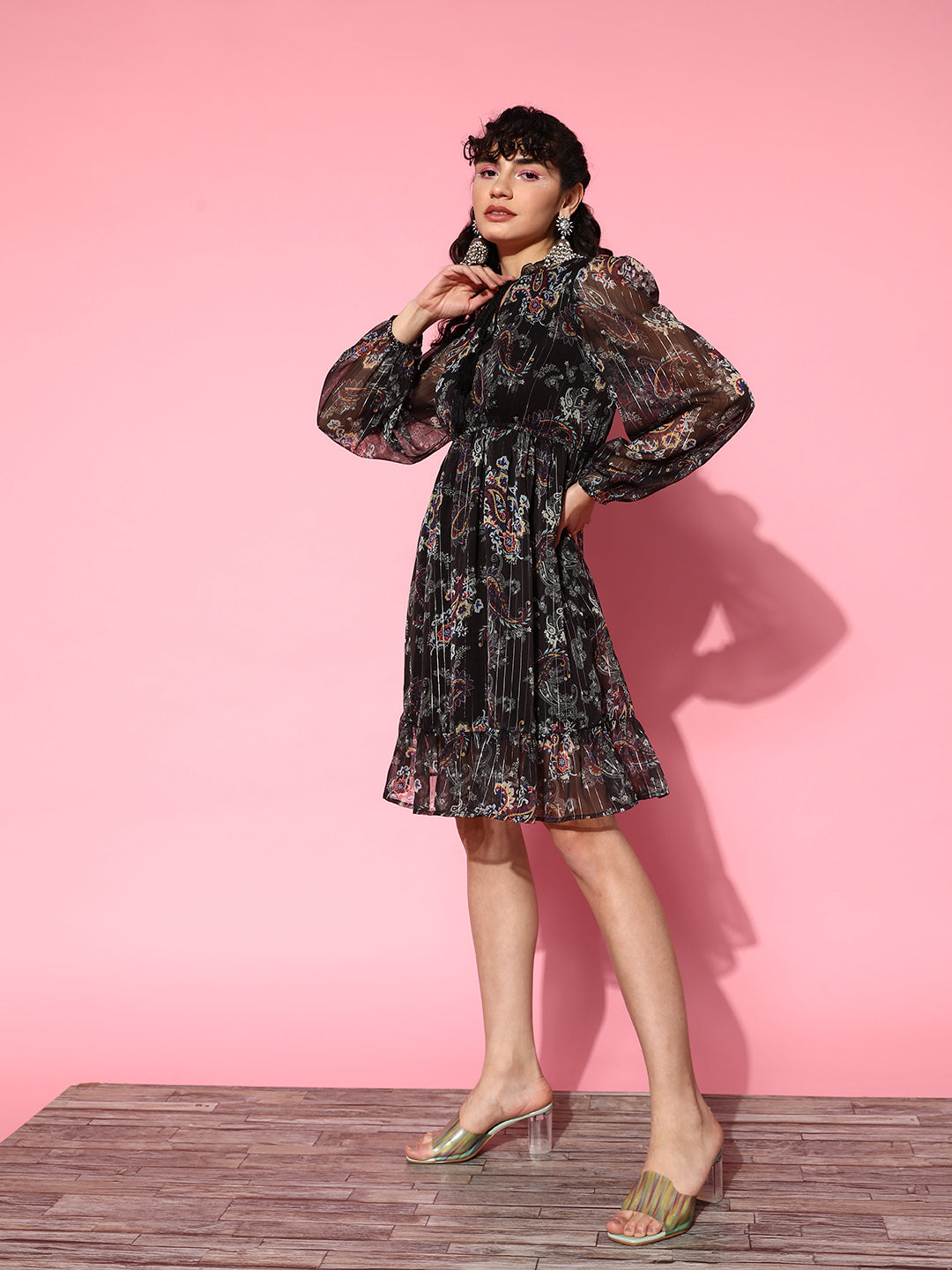 Ishin Women's Chiffon Black Lurex Embellished A-Line Dress