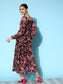 Ishin Women's Georgette Black & Pink Printed Fit & Flare Dress