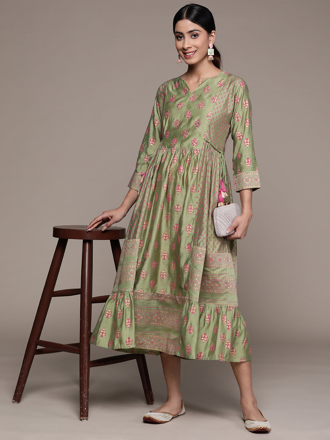 Ishin Women's Silk Blend Green Embellished Anarkali Dress