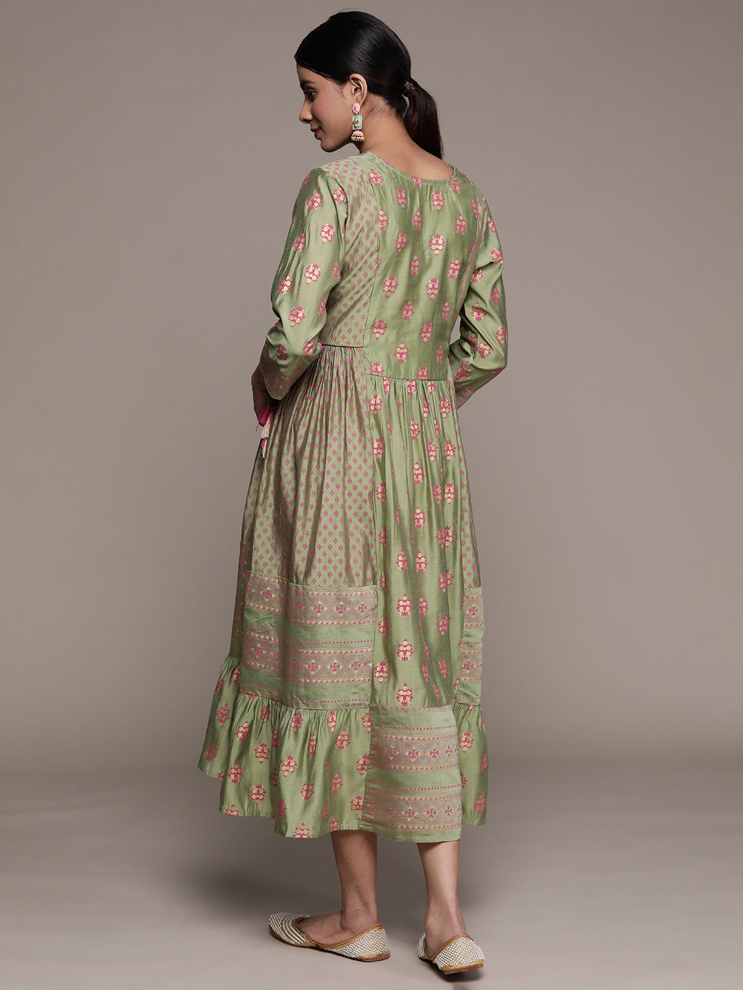 Ishin Women's Silk Blend Green Embellished Anarkali Dress