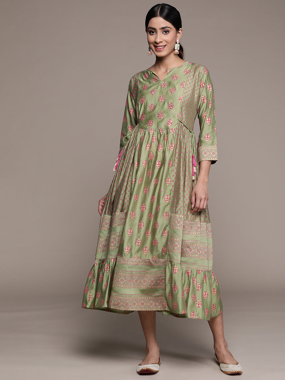Ishin Women's Silk Blend Green Embellished Anarkali Dress