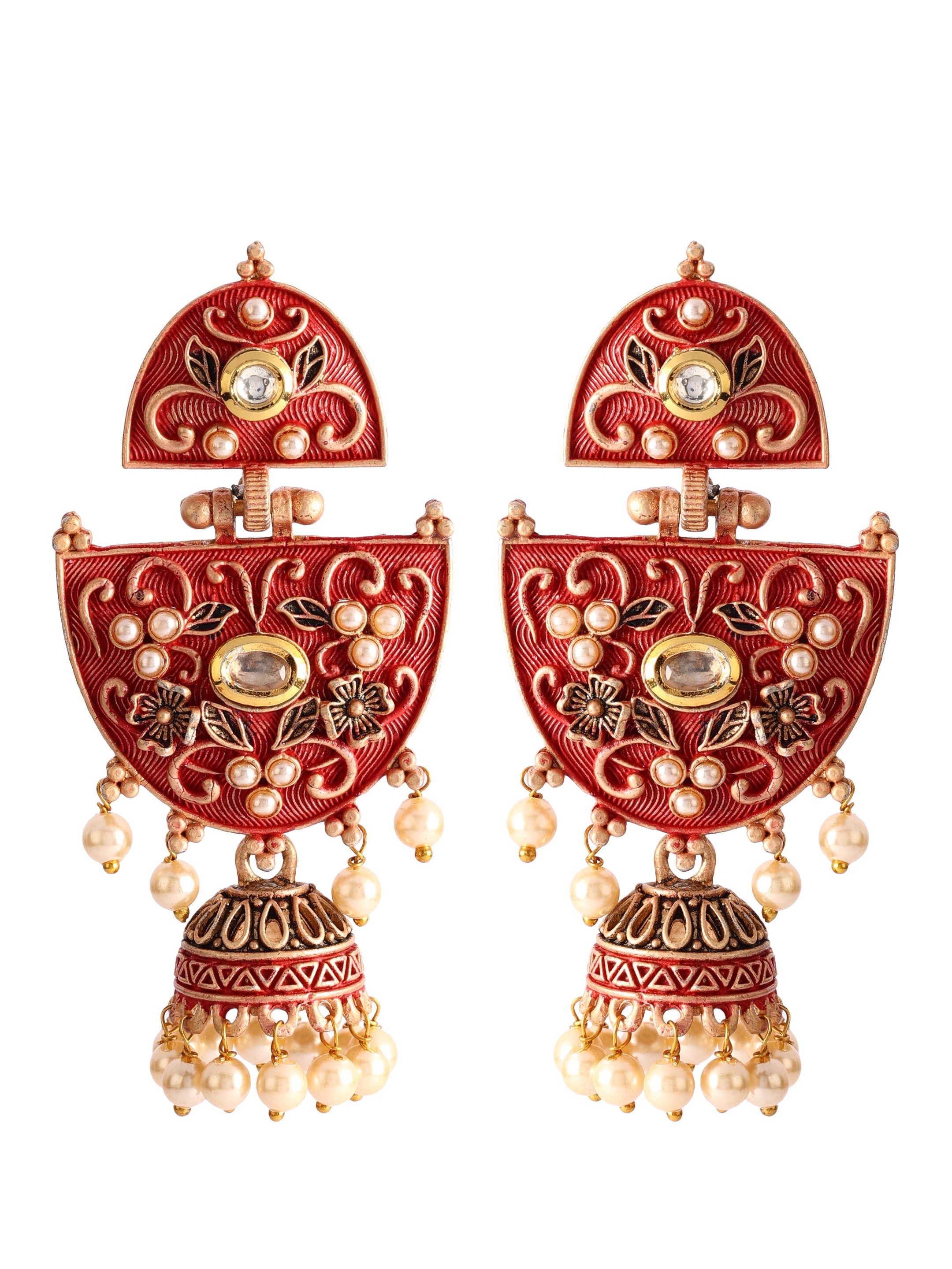 Ishin Gold Toned Red Meenakari Pearl Jhumka