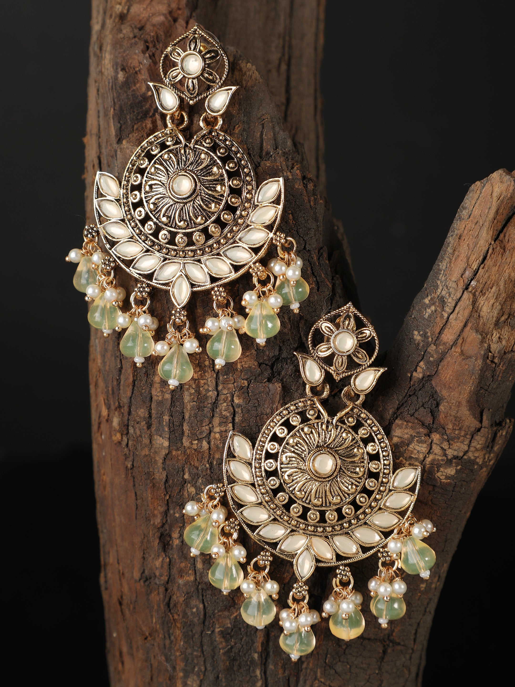 Ishin Gold Toned Pearl White Meenakari Contemporary Drop Earrings 