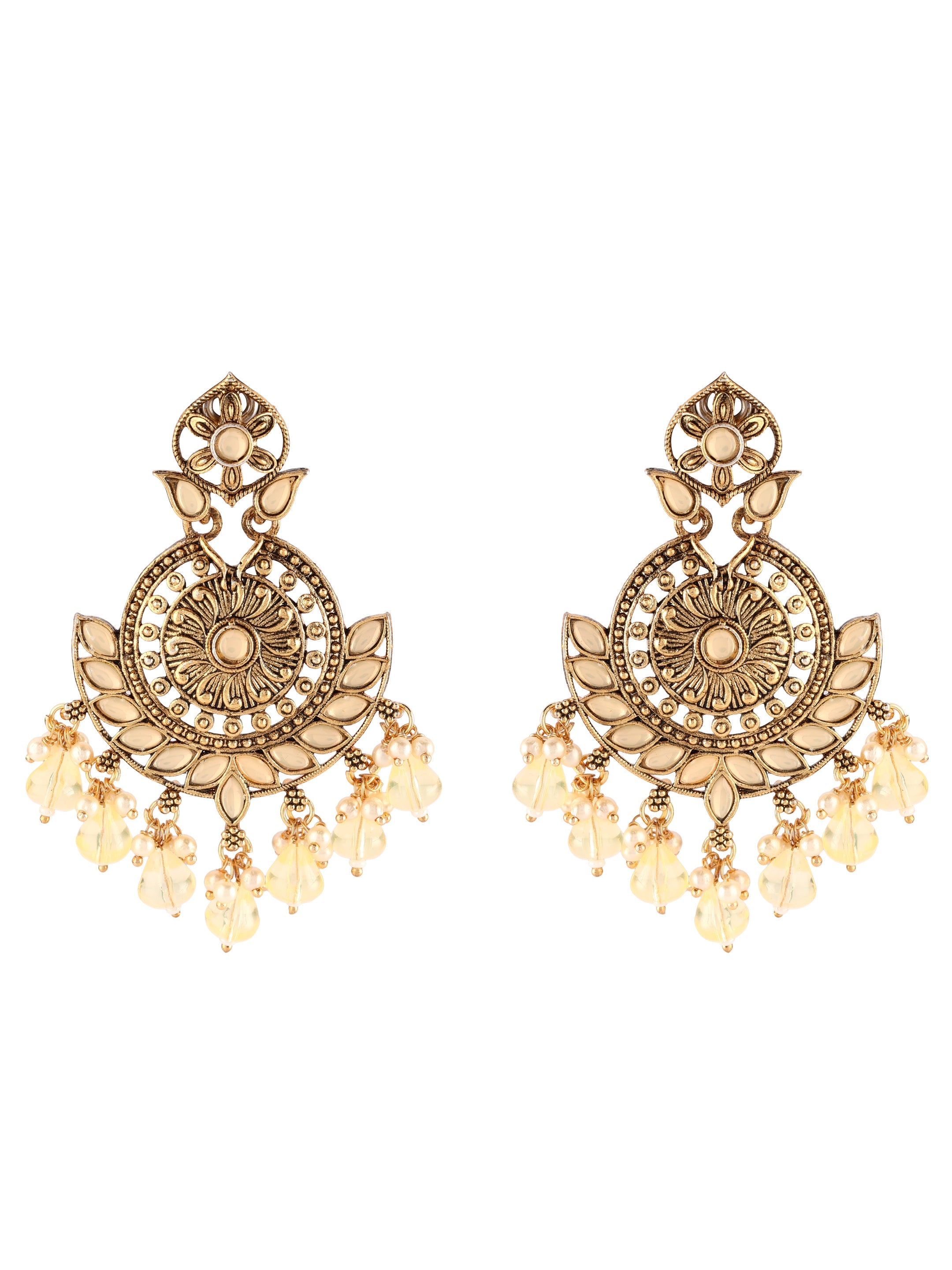 Ishin Gold Toned Pearl White Meenakari Contemporary Drop Earrings 