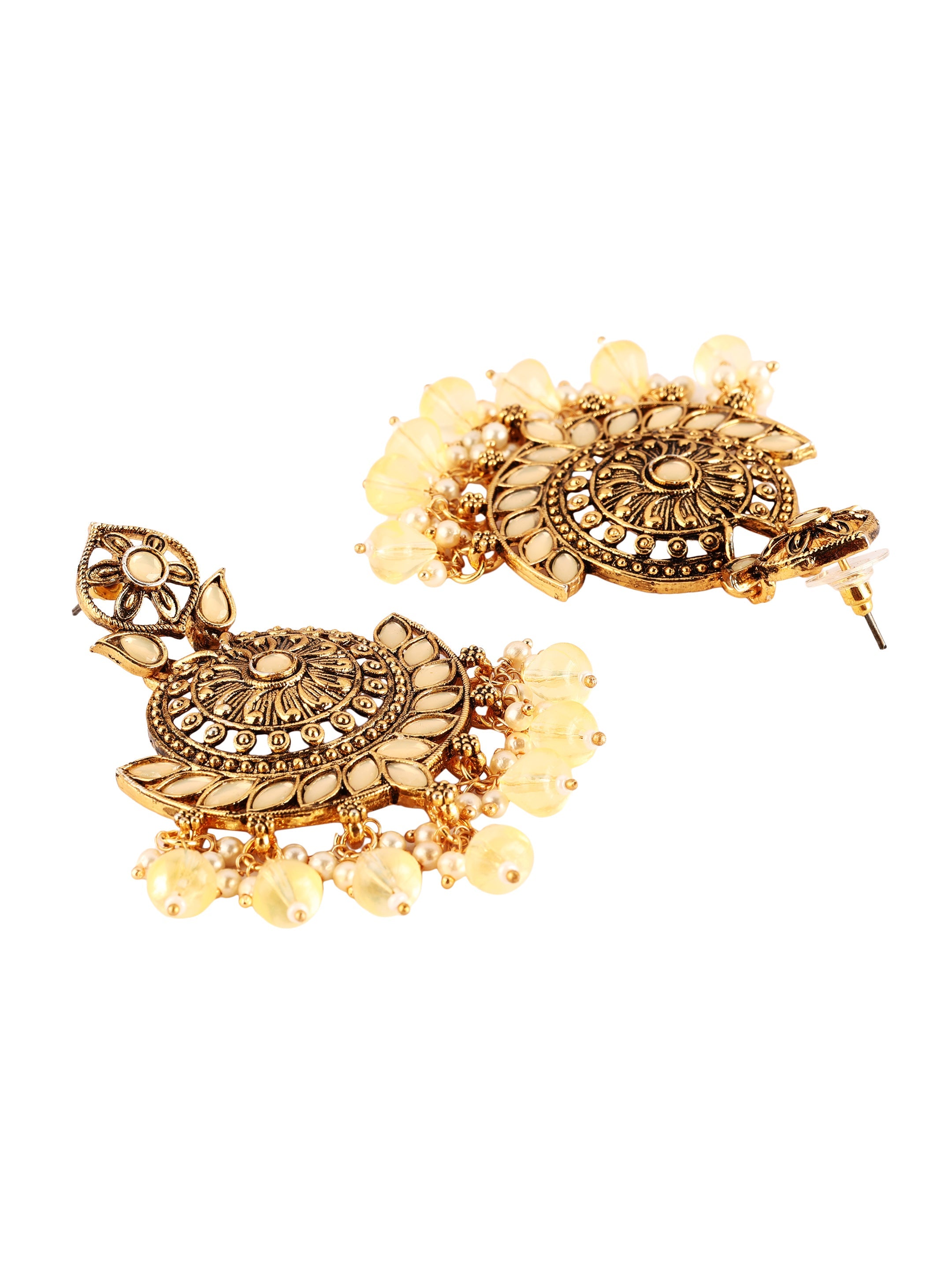 Ishin Gold Toned Pearl White Meenakari Contemporary Drop Earrings 