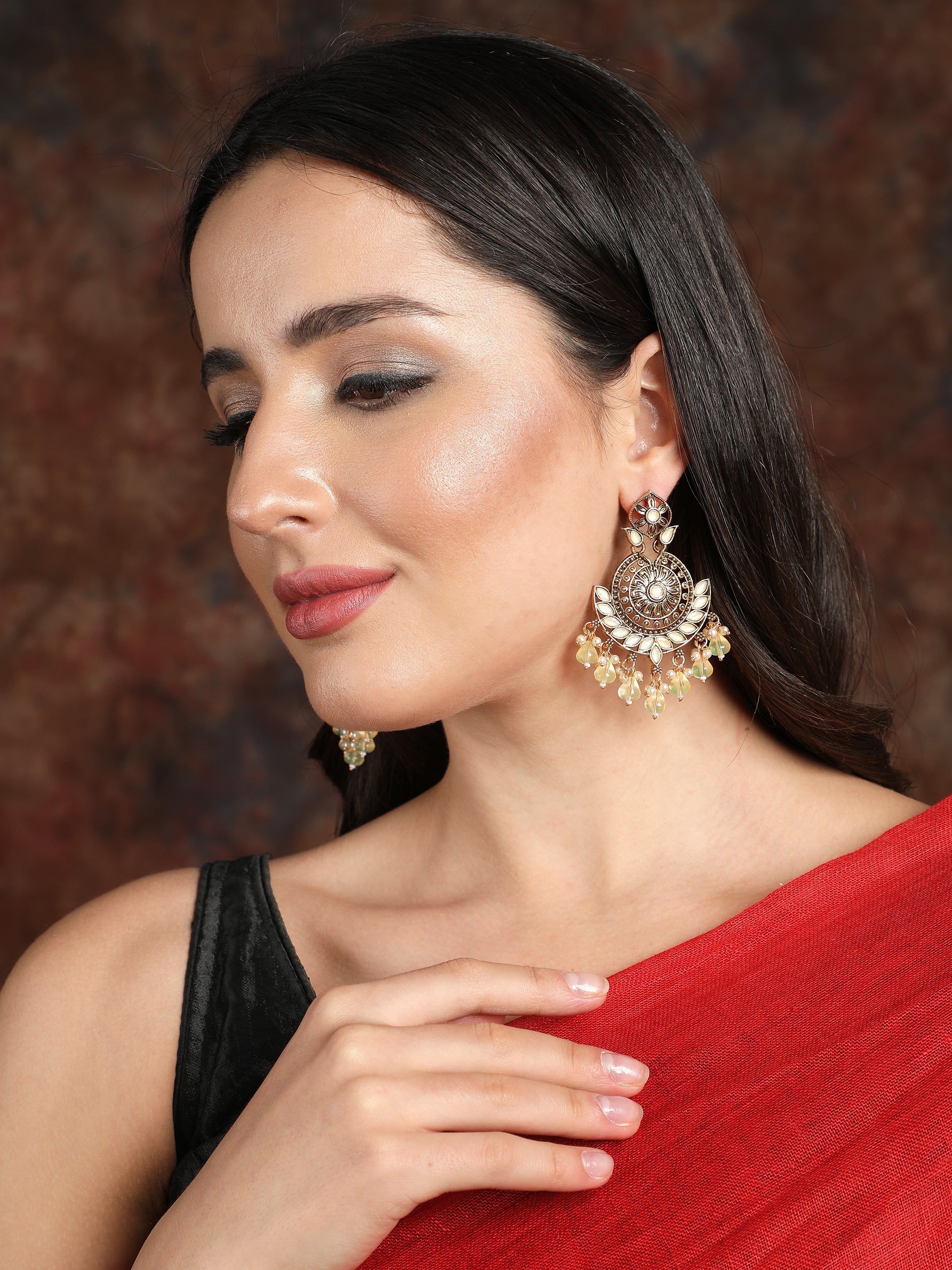 Ishin Gold Toned Pearl White Meenakari Contemporary Drop Earrings 