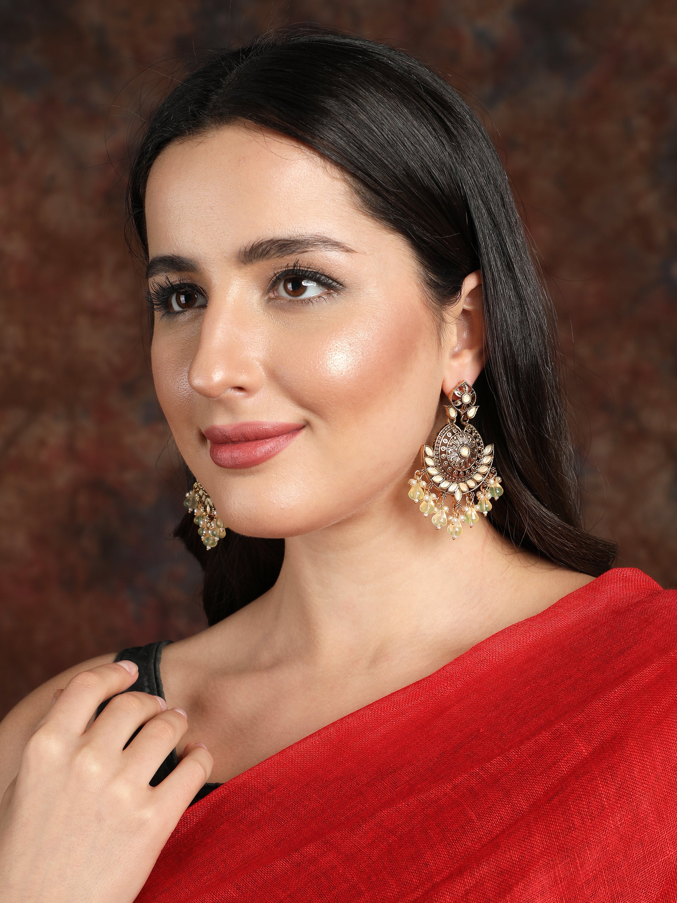 Ishin Gold Toned Pearl White Meenakari Contemporary Drop Earrings 