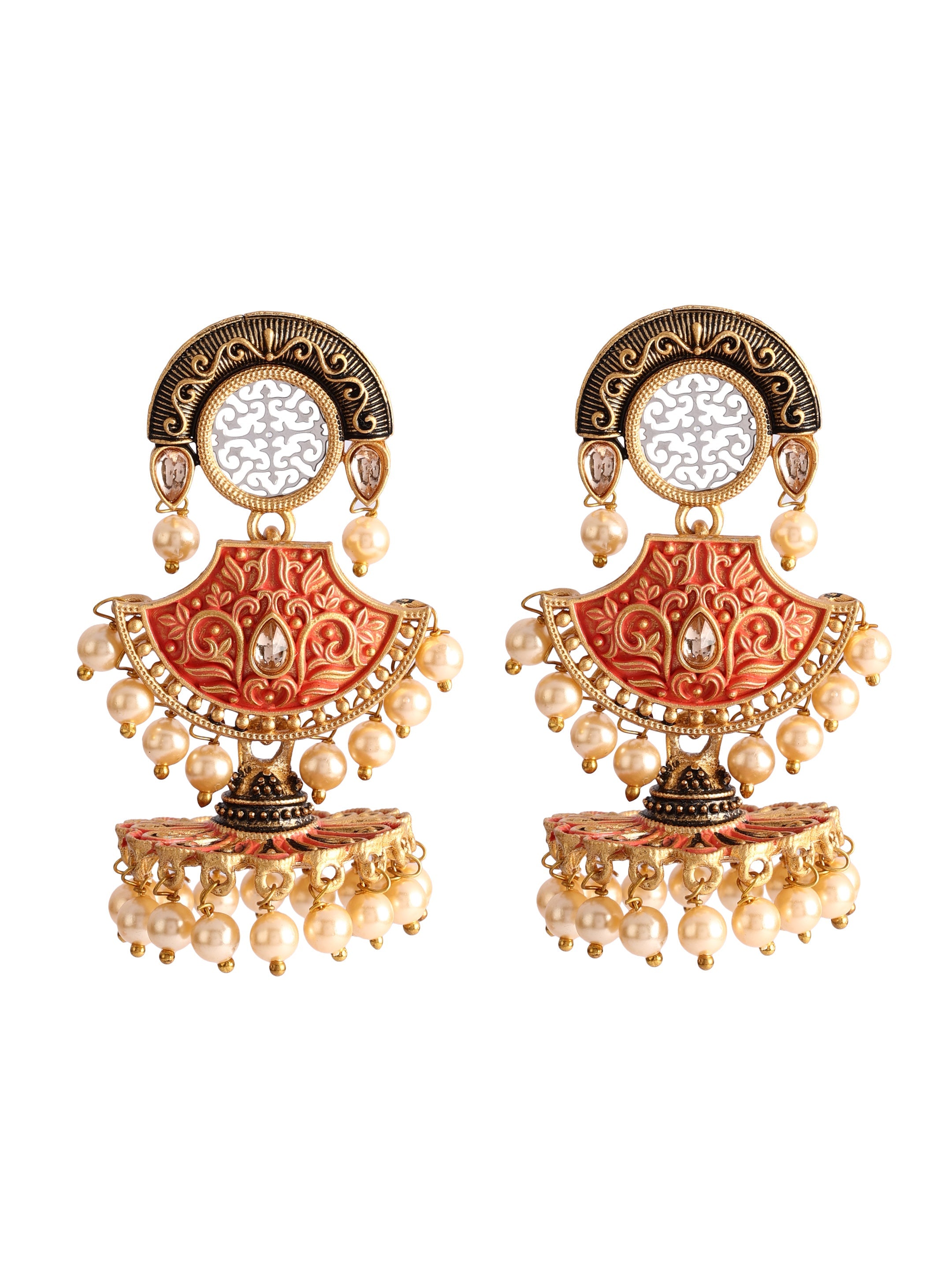 Ishin Gold Toned Orange Meenakari Contemporary Shaped Jhumka