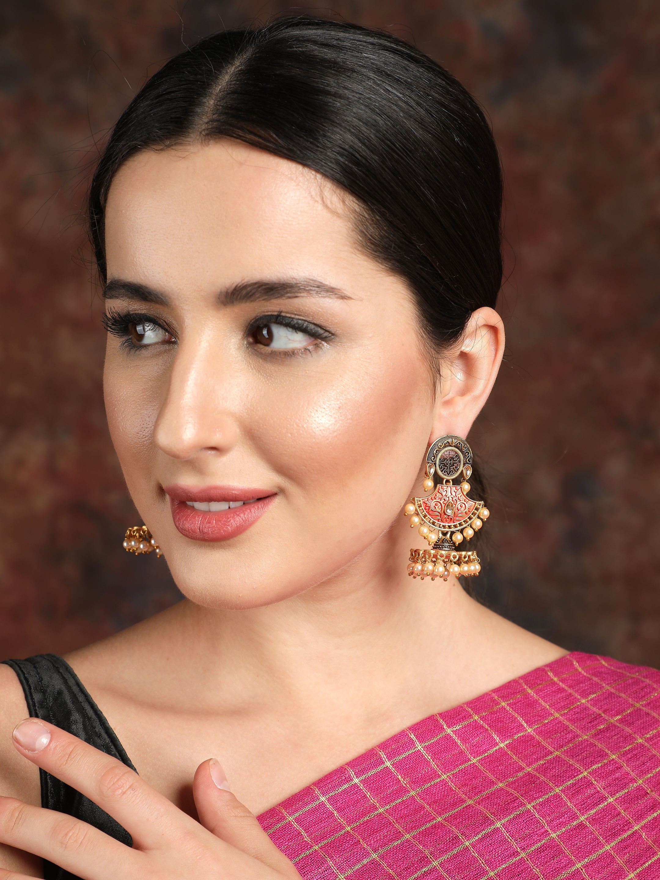 Ishin Gold Toned Orange Meenakari Contemporary Shaped Jhumka
