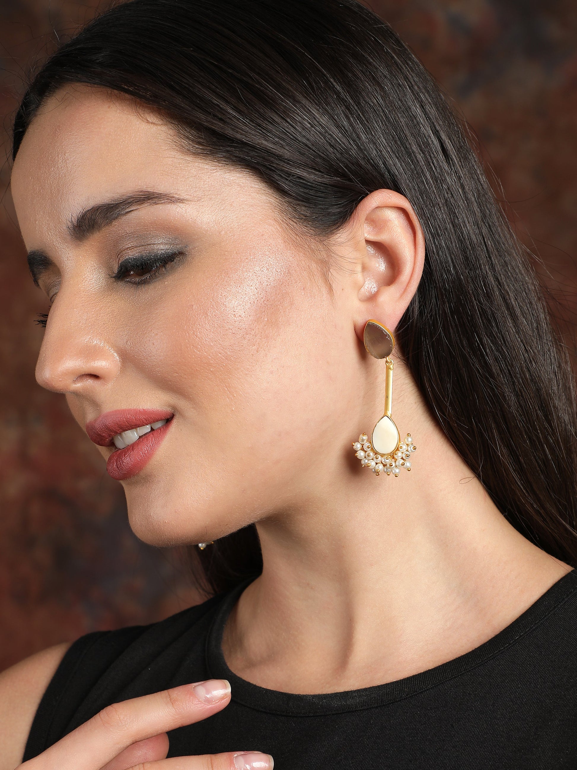 Ishin Gold Plated Stone Contemporary Shaped Drop Earing