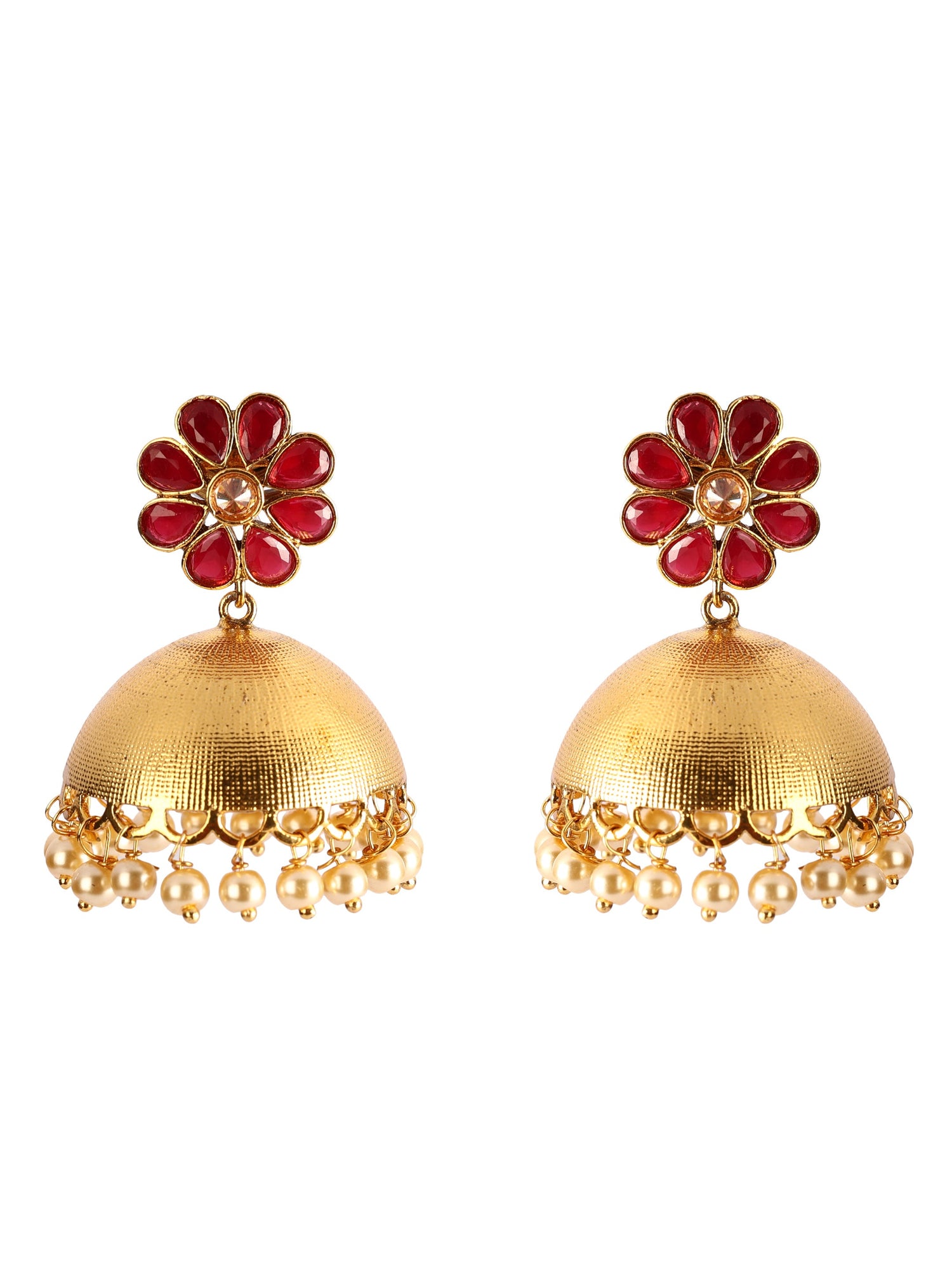 Ishin Gold Plated Red Stone Studded Dome Shaped Jhumka