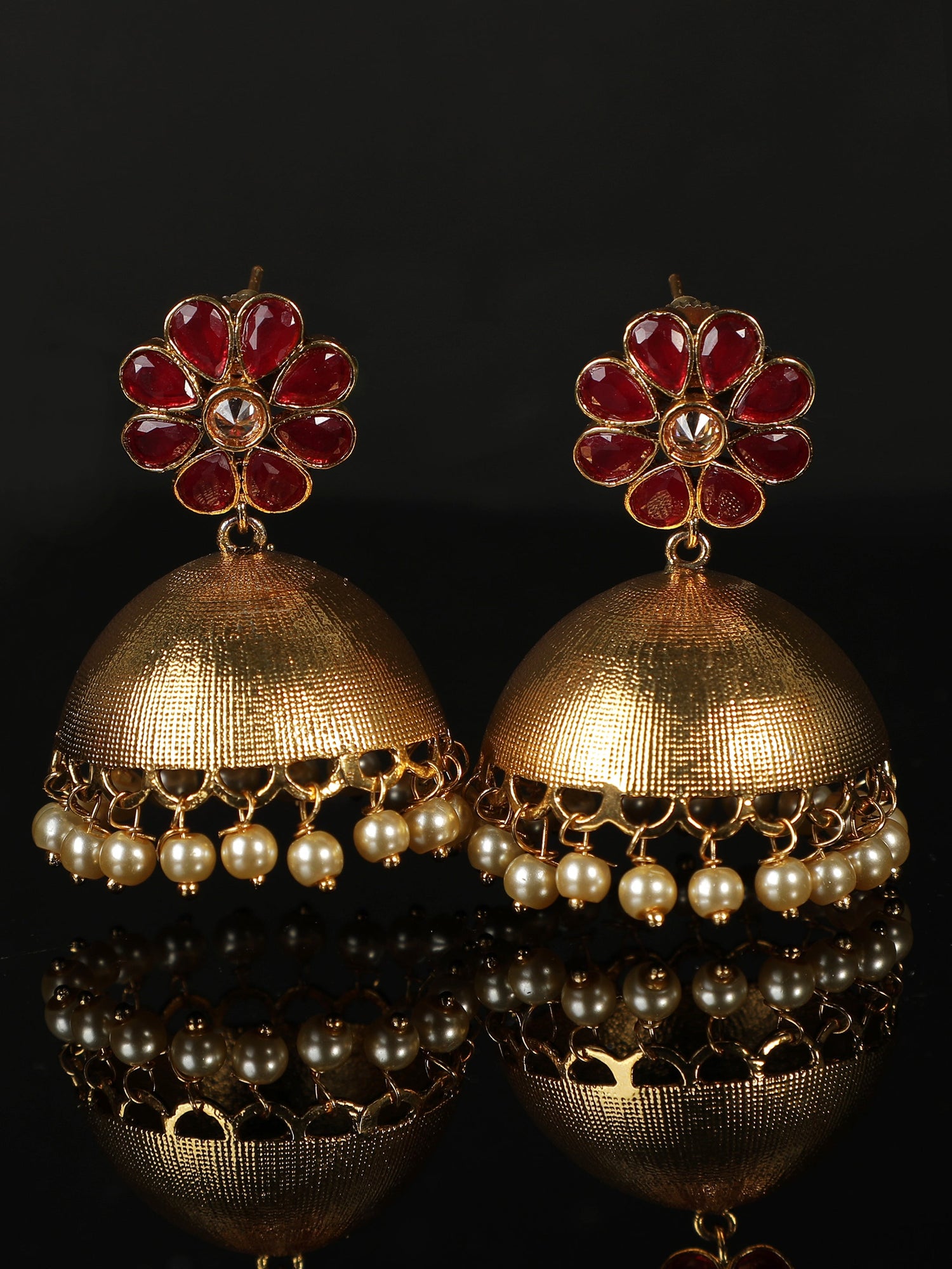 Ishin Gold Plated Red Stone Studded Dome Shaped Jhumka