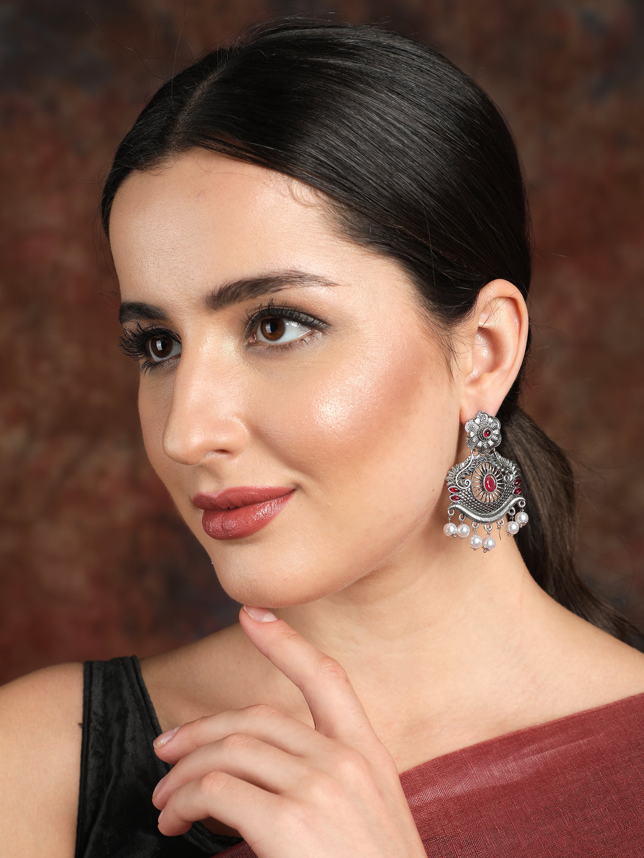 Ishin Oxidised Silver Plated Pearl Stud Earring