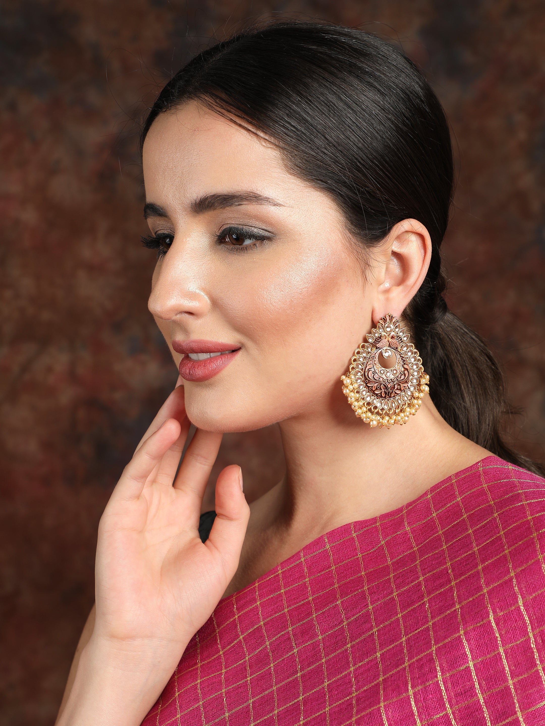 Ishin Gold Plated Orange Meenakari Stud Earring