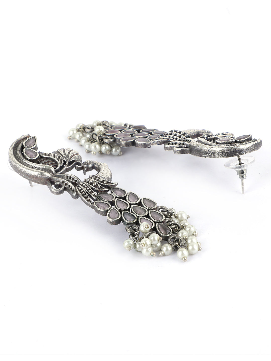 Ishin Oxidised Silver Plated Stone Studded Peacock Shaped Drop Earring