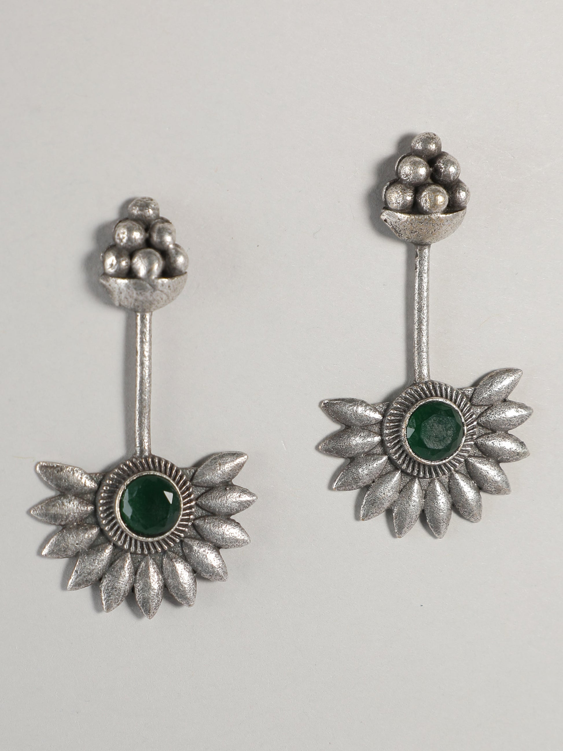 Ishin Oxidised Silver Plated Green Stone Studded Earring