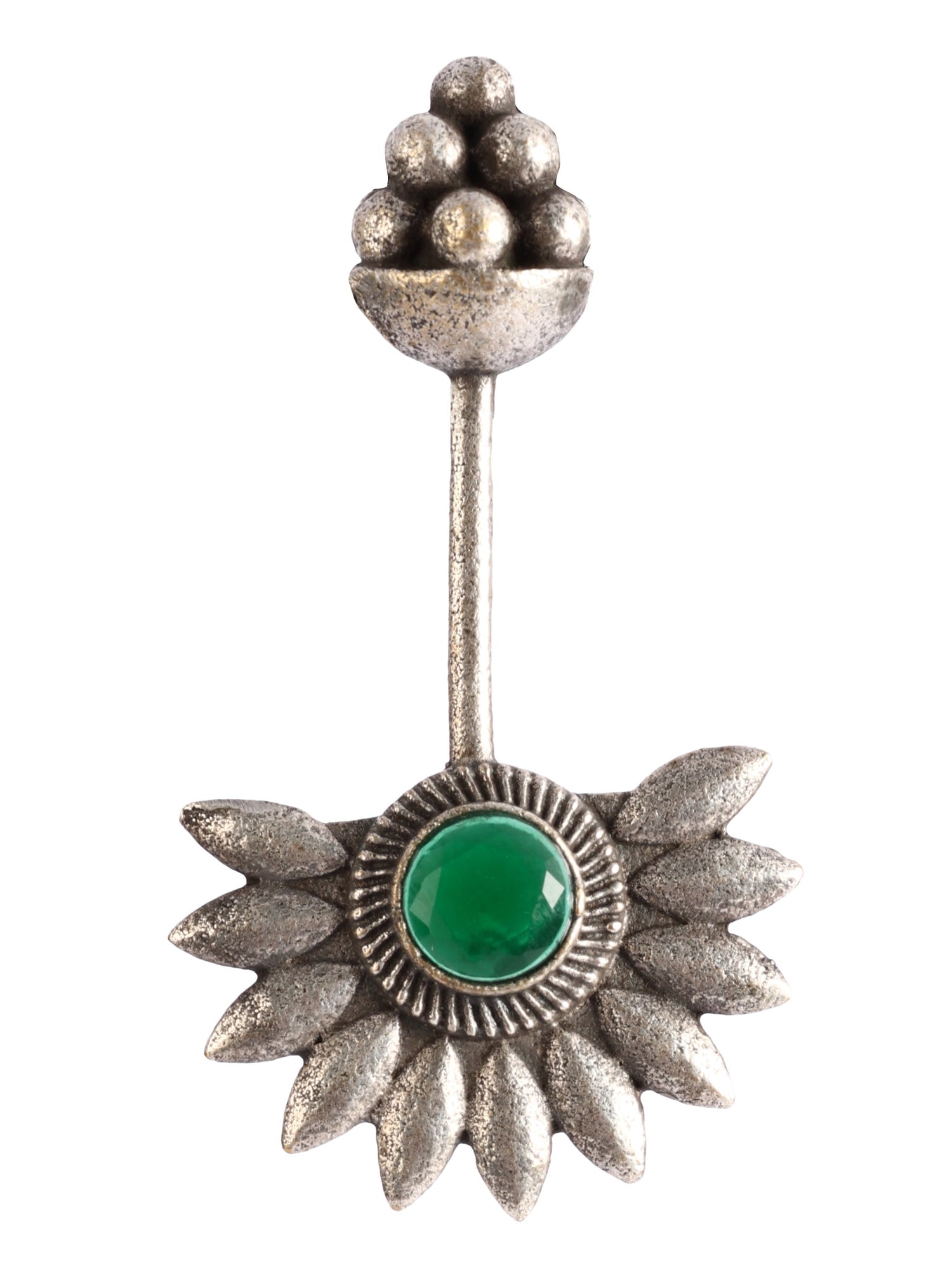 Ishin Oxidised Silver Plated Green Stone Studded Earring