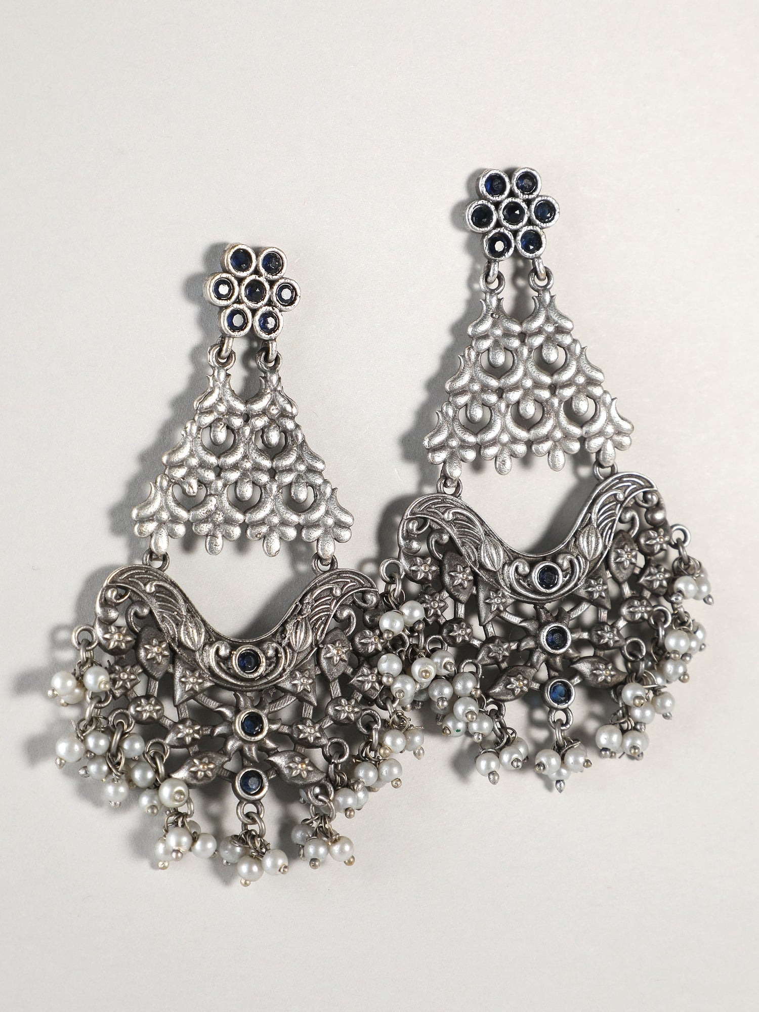 Ishin Oxidised Silver Plated Beads & Stones Drop Earrings 