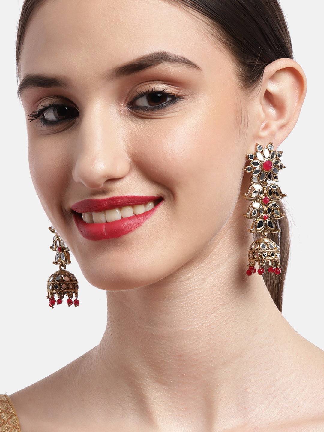 Ishin Gold Plated Red Mirror Paisley Shaped Jhumka