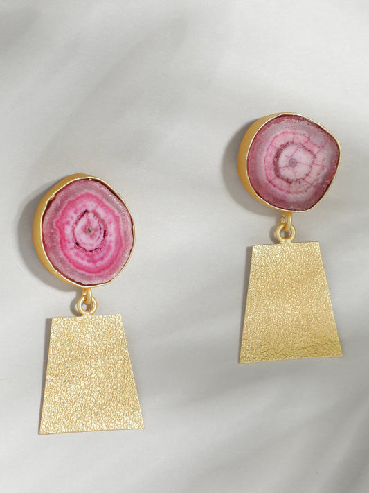 Ishin Gold Plated Fancy Pink Stone Square Shaped Drop Earing