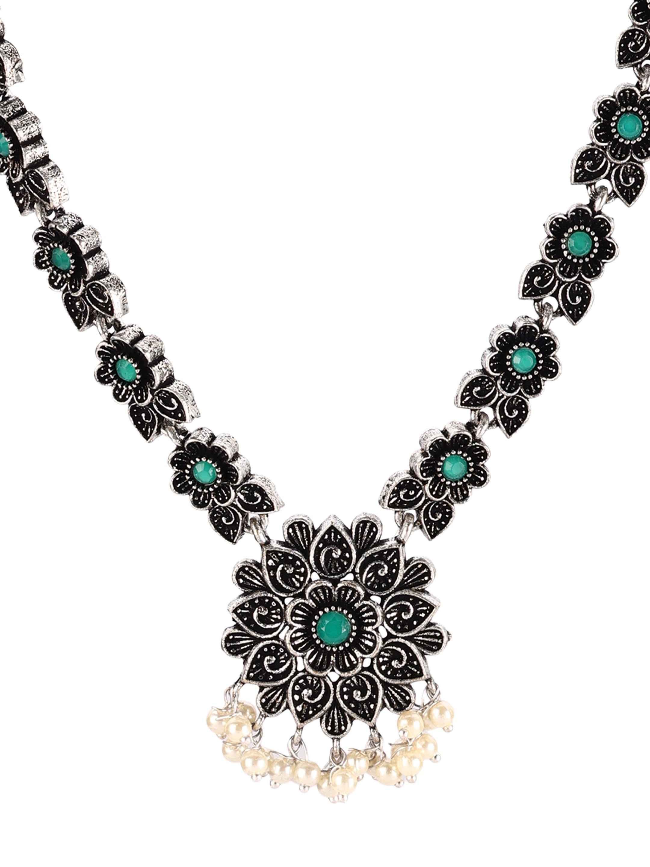 Ishin Women's Oxidised Silver Green Stone Studded Floral Jewellery Set