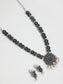 Ishin Women's Oxidised Silver Green Stone Studded Floral Jewellery Set 