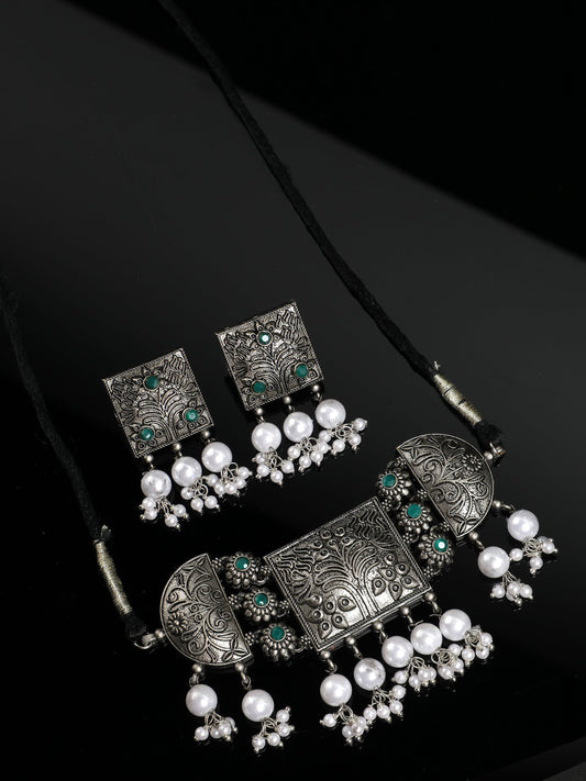 Ishin Women's Oxidised Silver Pearl Choker Jewellery Set 
