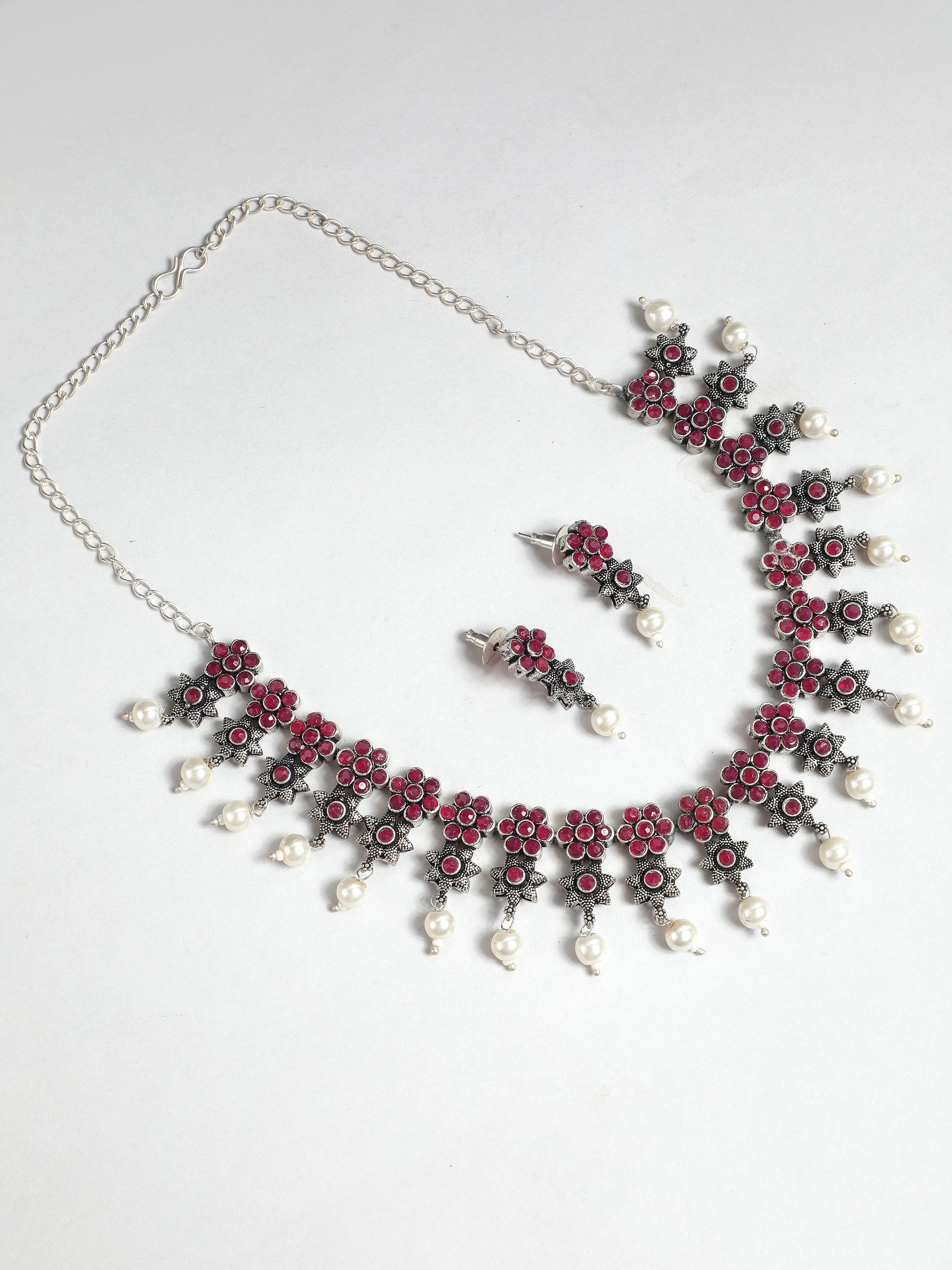 Ishin Women's Oxidised Silver Red Stone Studded Choker Jewellery Set 