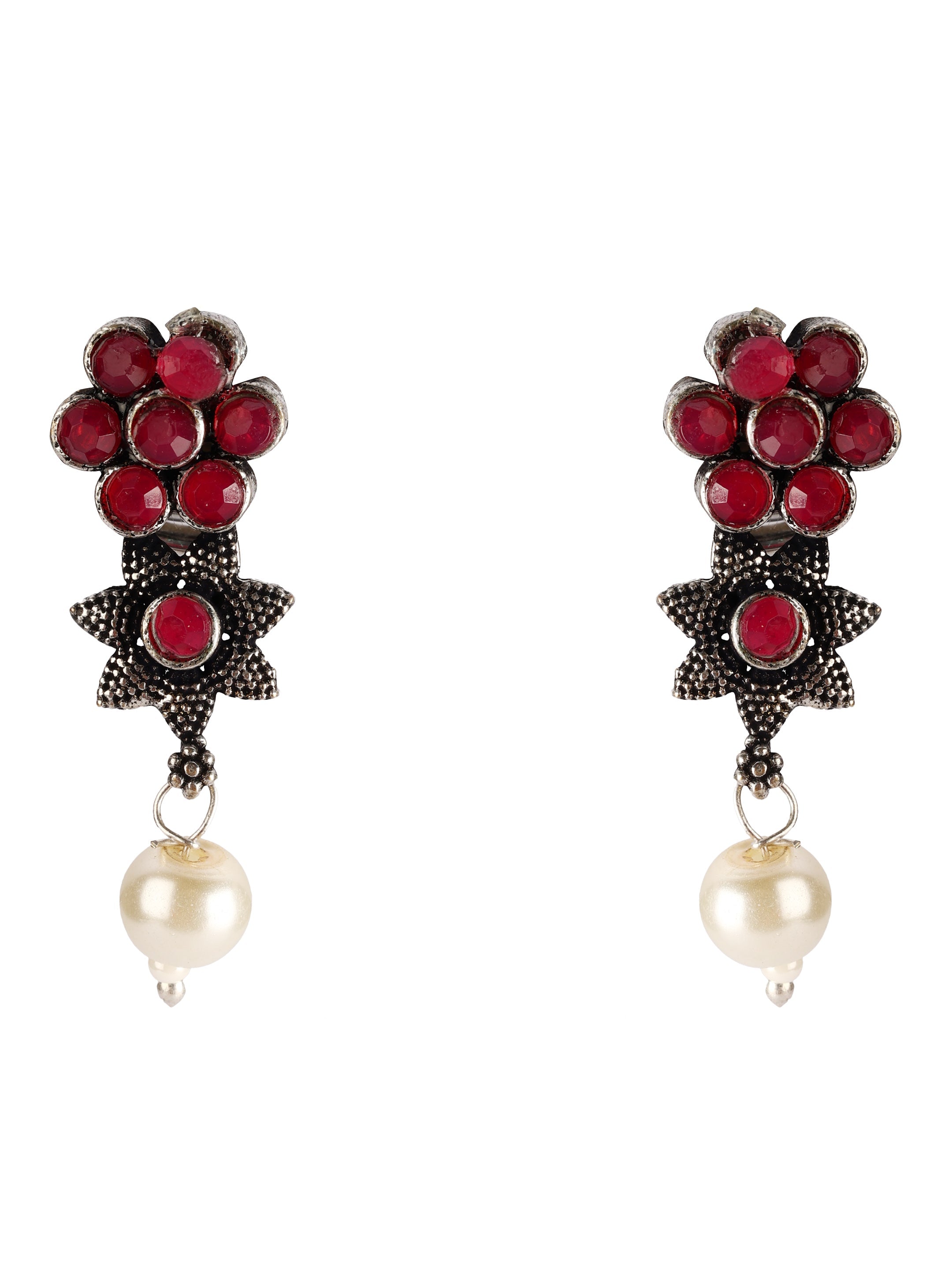 Ishin Women's Oxidised Silver Red Stone Studded Choker Jewellery Set